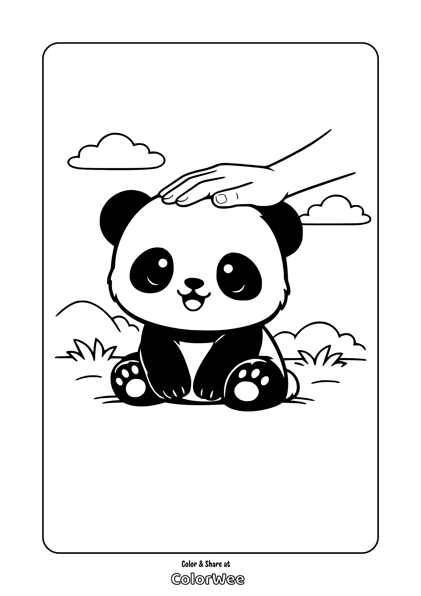Cute panda petted by hand in meadow printable coloring page.