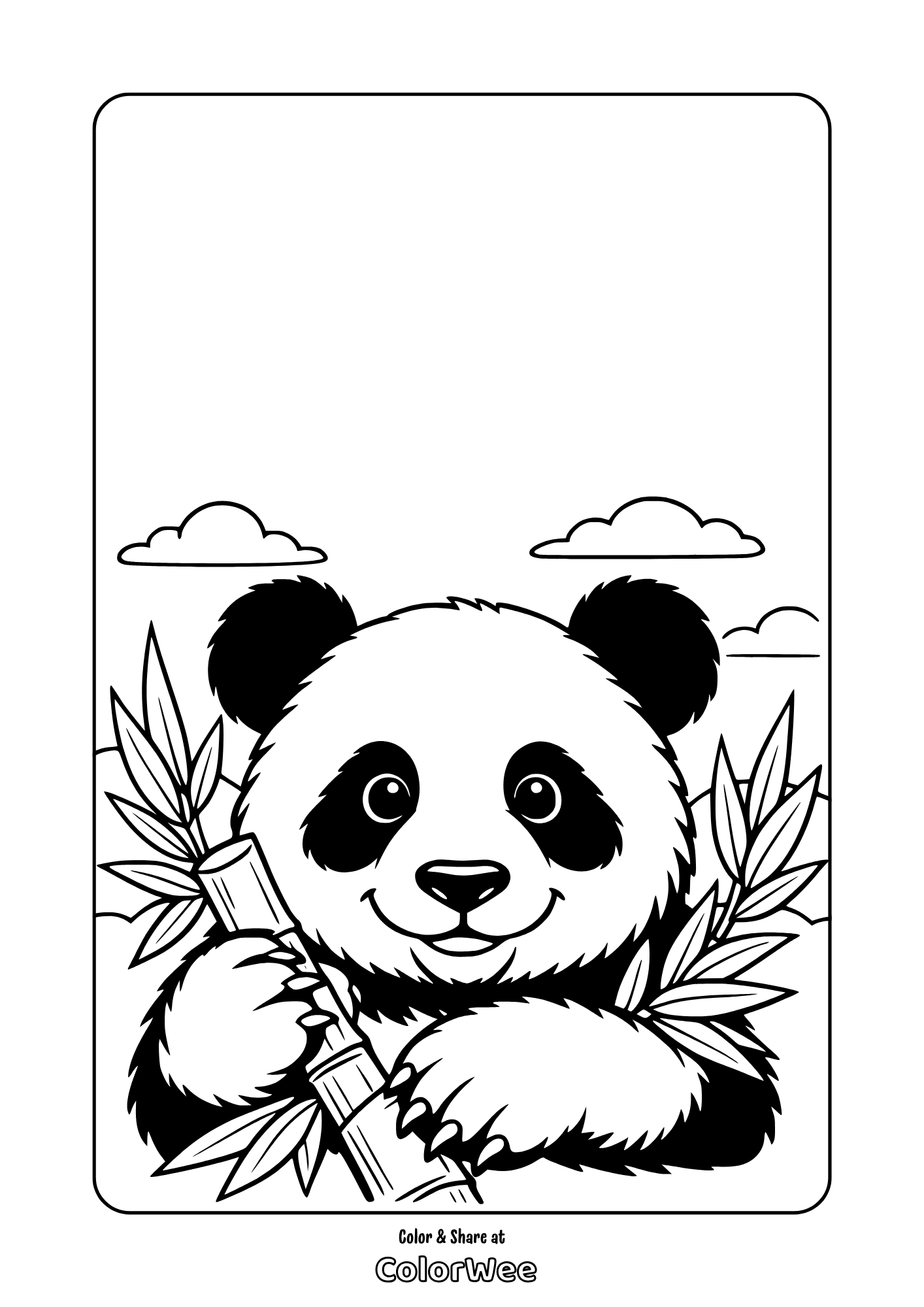 Smiling panda holding bamboo coloring page for kids and adults