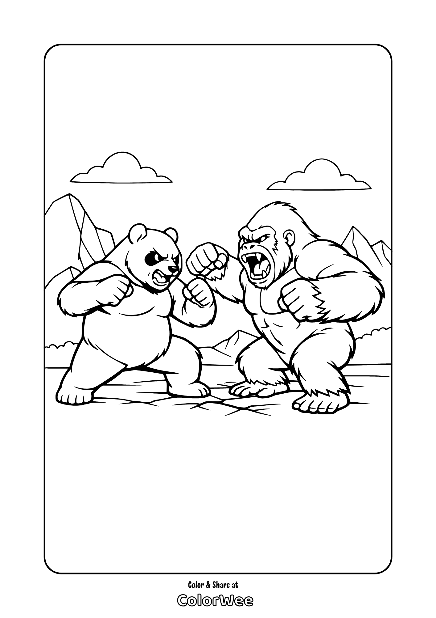 Panda vs gorilla showdown coloring page for kids, mountains background