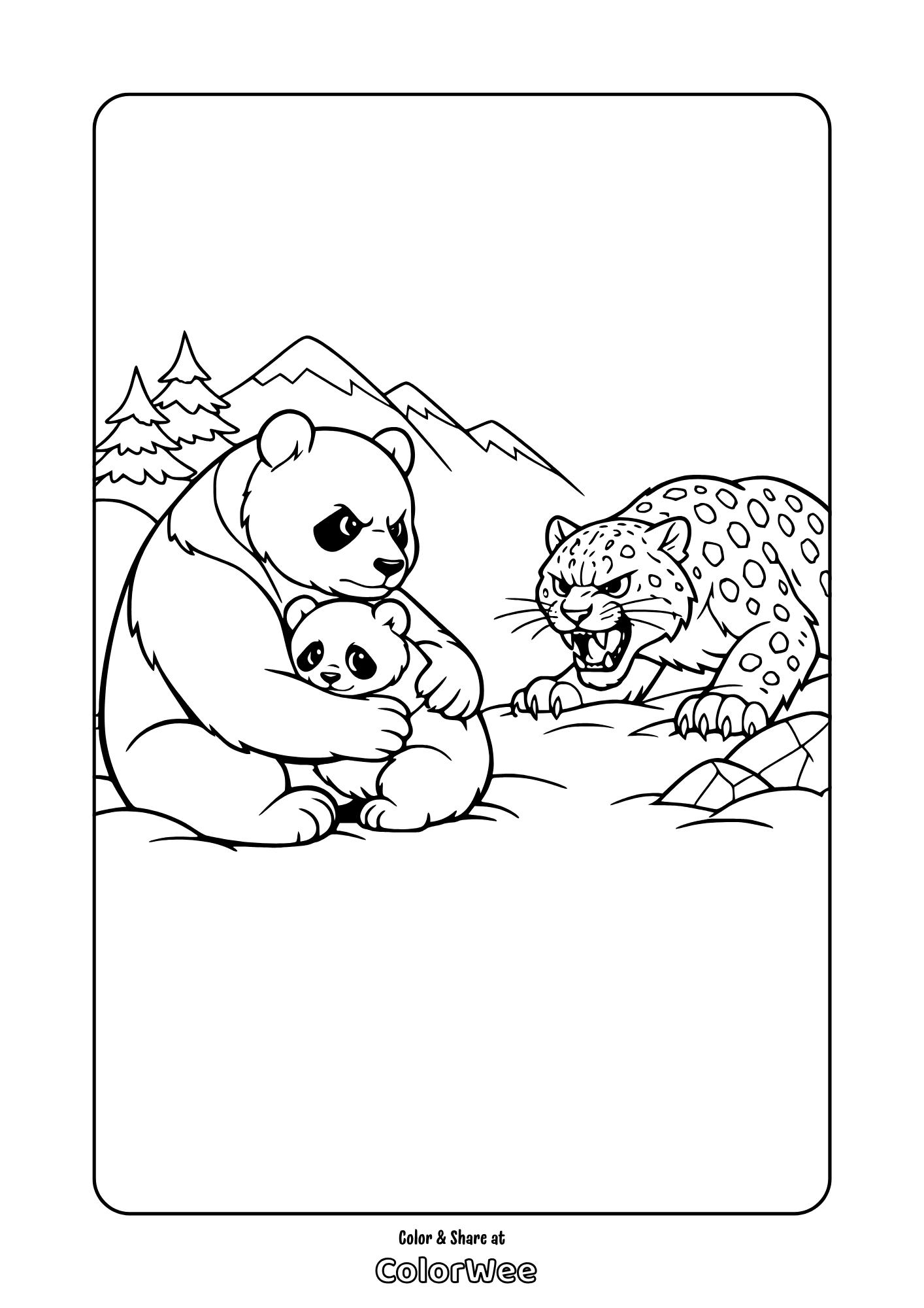 Panda mother protects cub from leopard in mountains coloring page