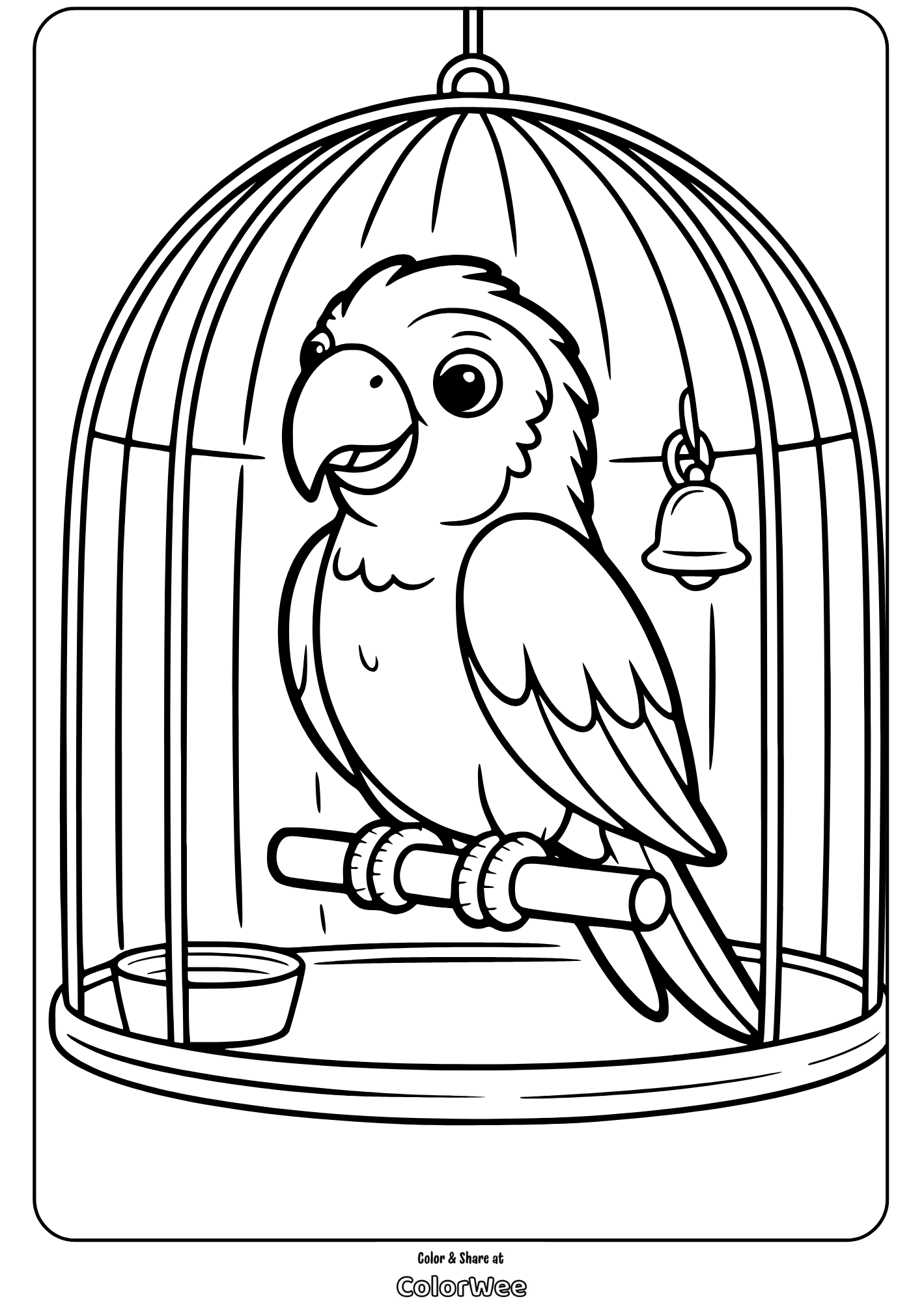 Coloring page of a cheerful parrot in a cage.