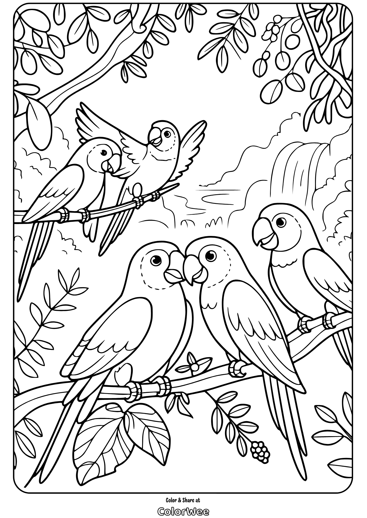 Coloring page of five parrot birds perched in a jungle setting.