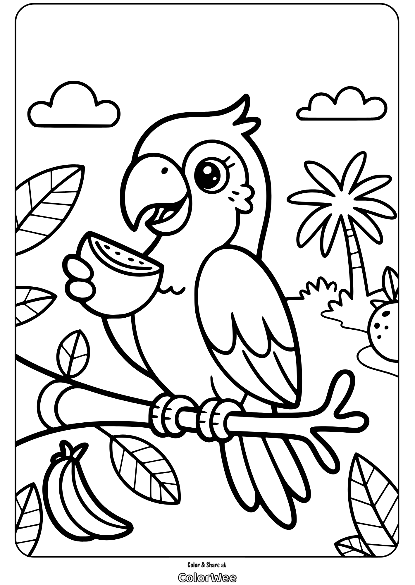 Parrot on branch with fruit, tropical coloring page for kids.