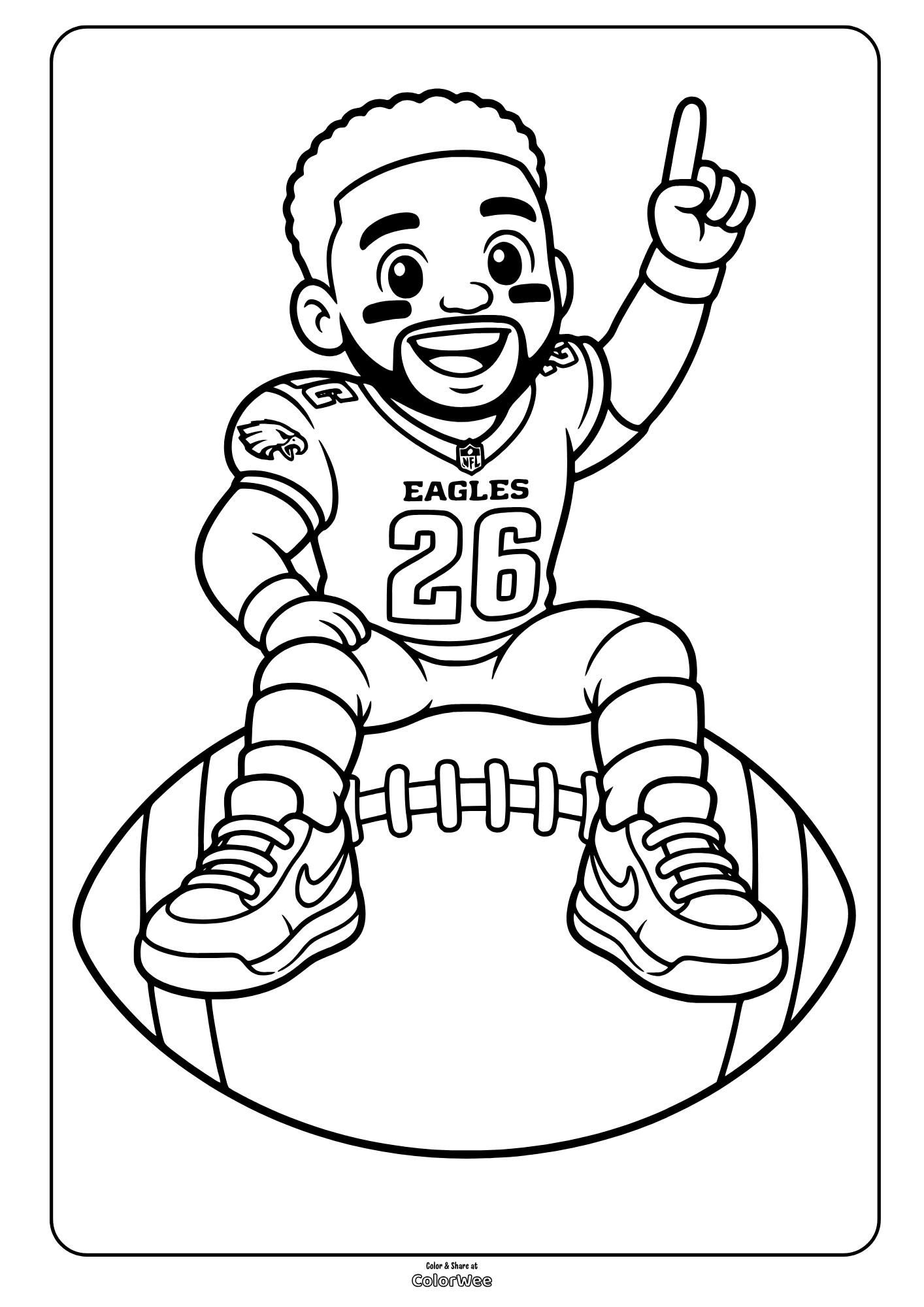 Smiling Eagles football player raises one finger while sitting on a football, picture to color