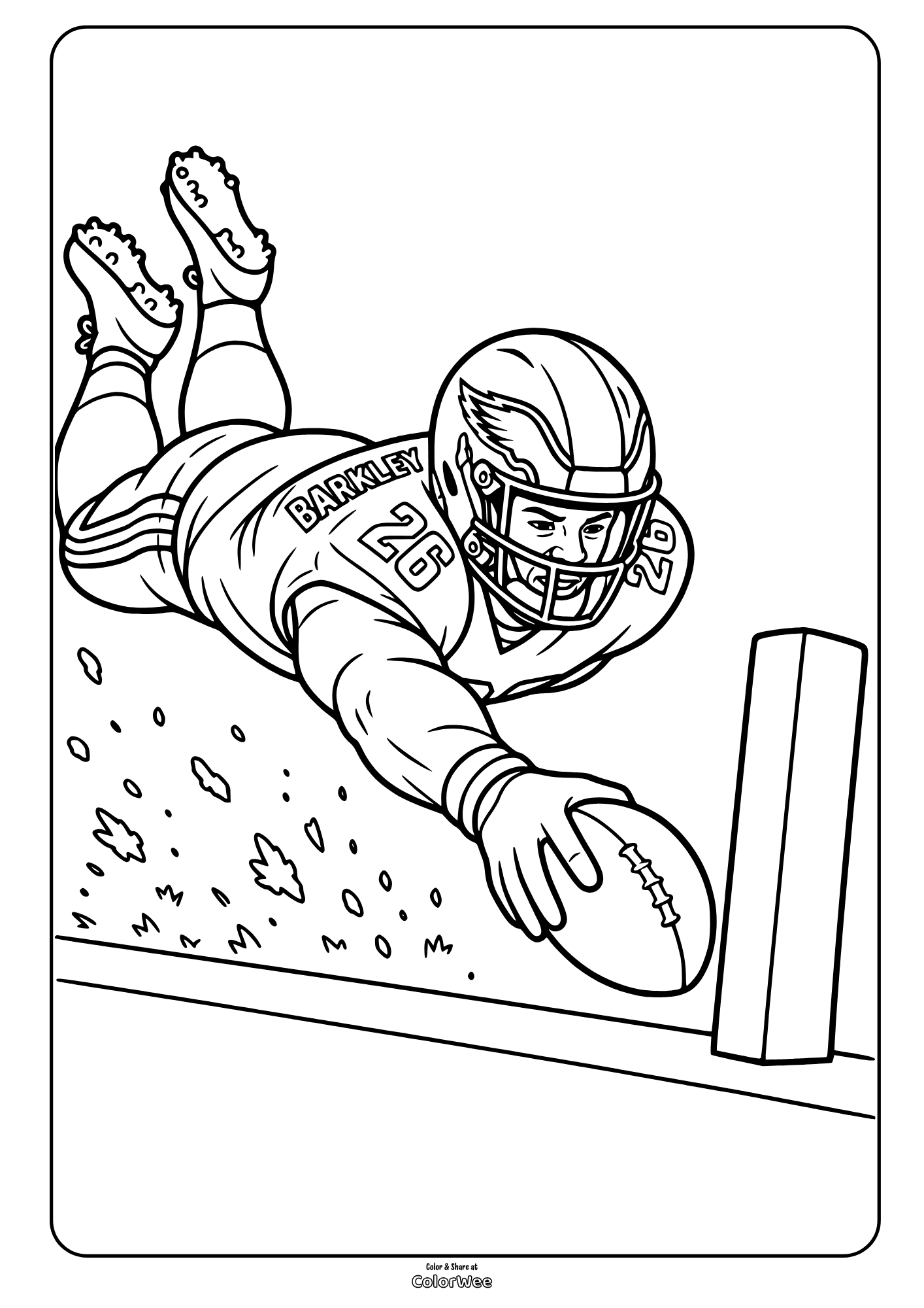 Football player wearing number 26 dives toward the goal line with cleats raised, picture to color