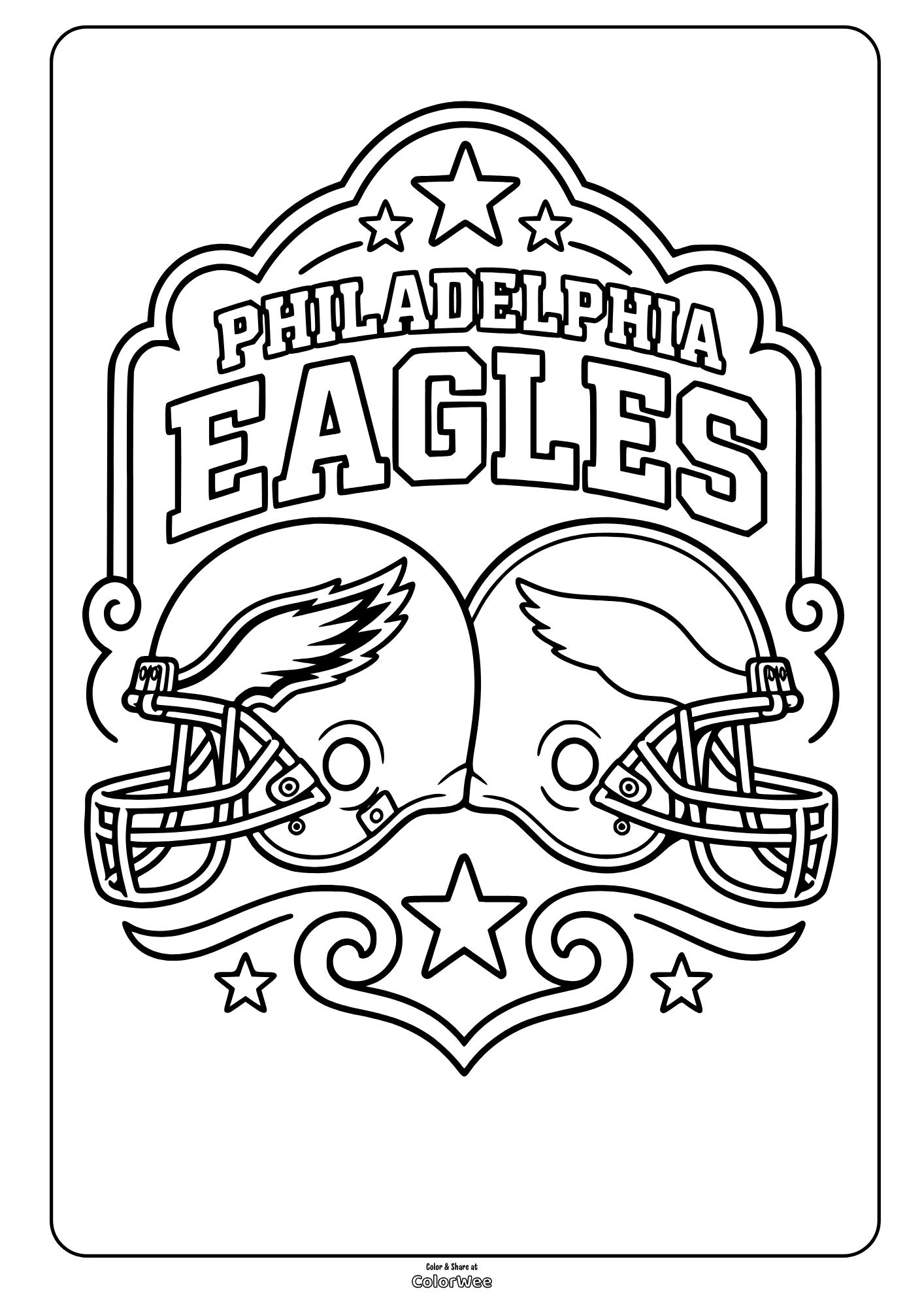 Two football helmets with wings, stars, and Philadelphia Eagles lettering in a decorative coloring page