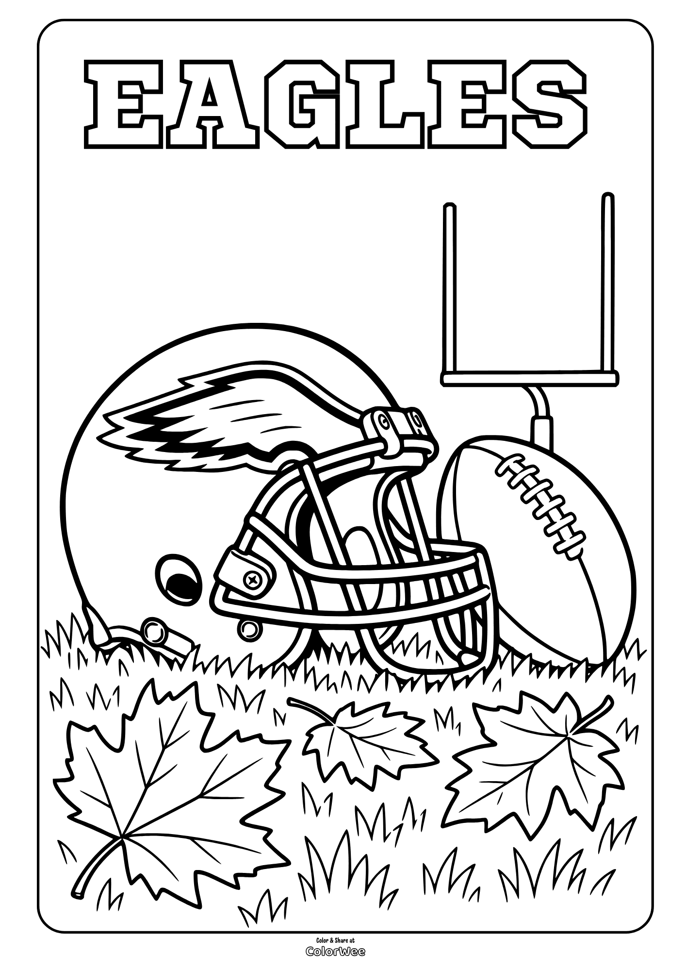 Eagles football helmet beside a football, goalpost, grass, and scattered leaves printable coloring page