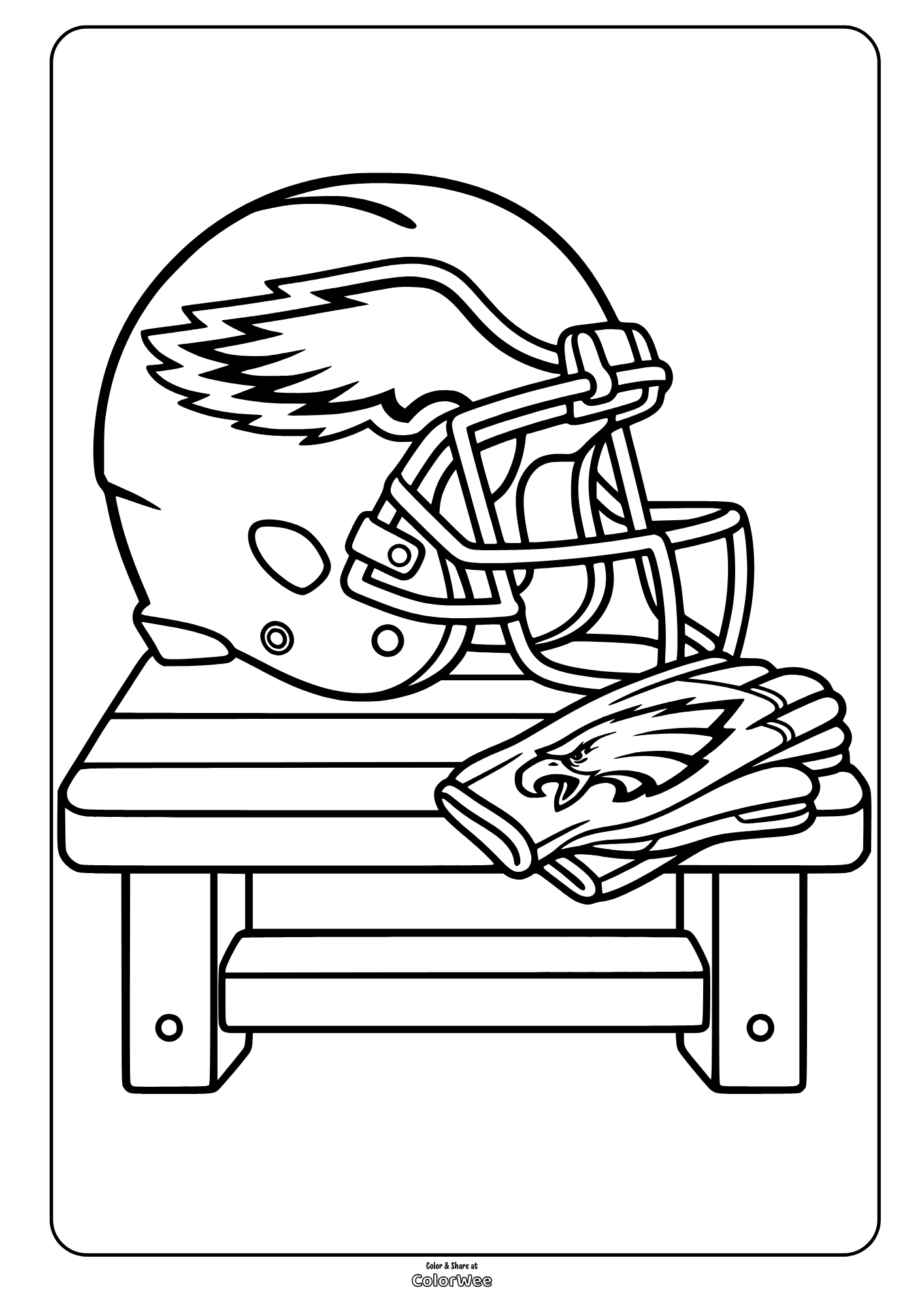 Football helmet with eagle emblem resting on a bench beside a folded gloves.  Philadelphia Eagles coloring page