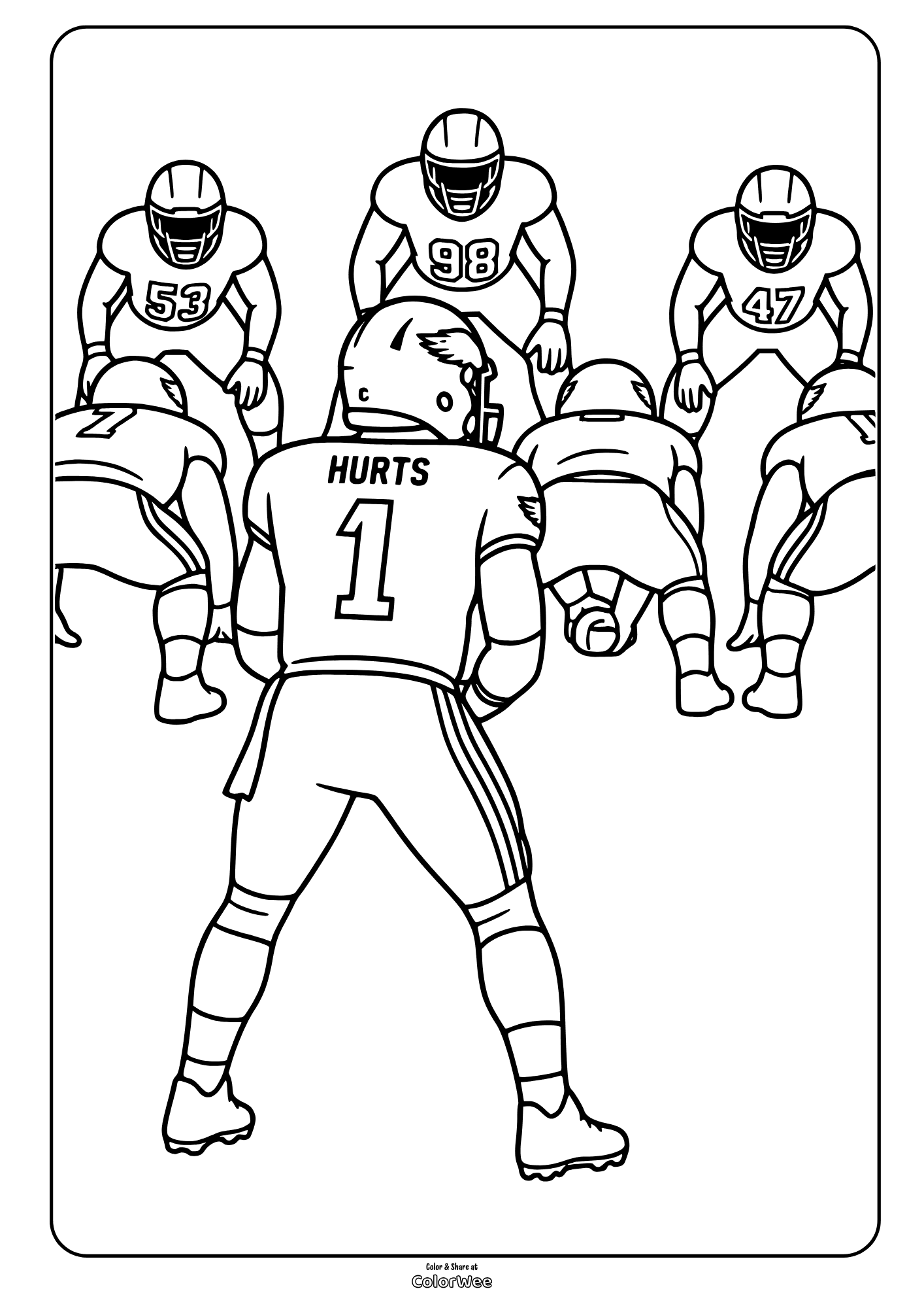 Football players surround a central athlete wearing a Hurts number 1 jersey in this coloring picture