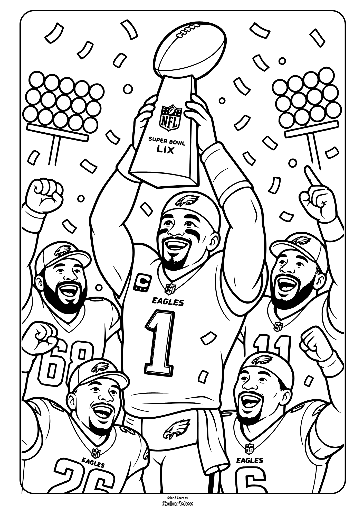 Eagles fans cheer around a figure holding a jersey and football in this coloring picture