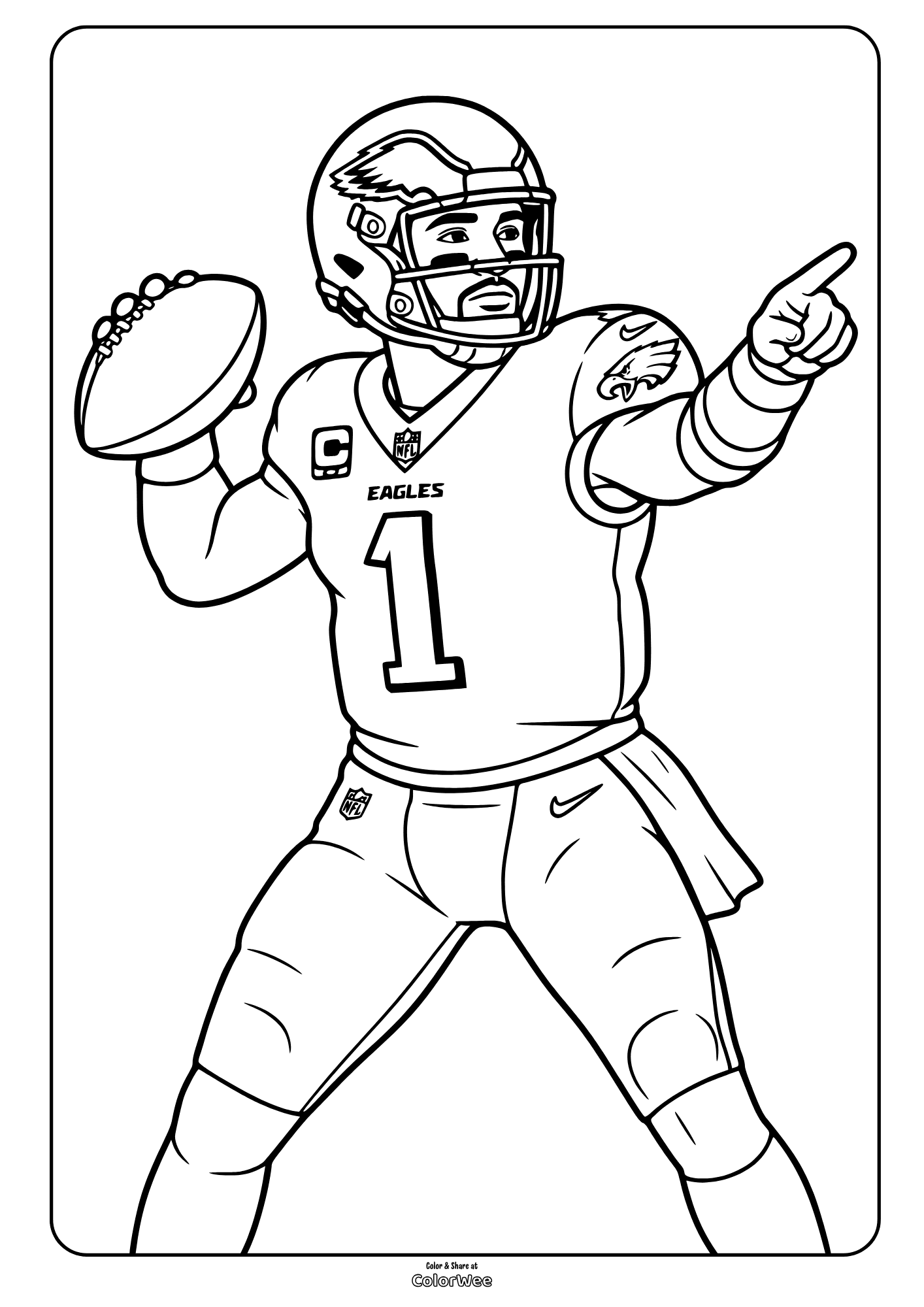 Philadelphia Eagles football player in helmet holding a football and pointing. Jalen Hurts picture to color