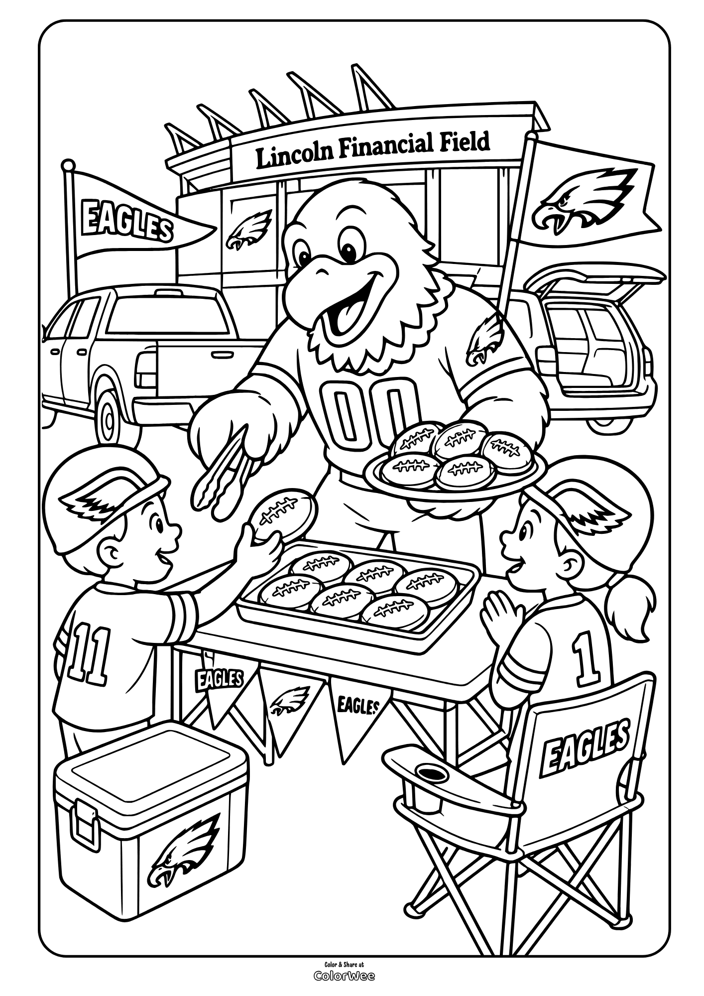 Eagles mascot SWOOP holds footballs for two young fans outside a stadium, a coloring picture