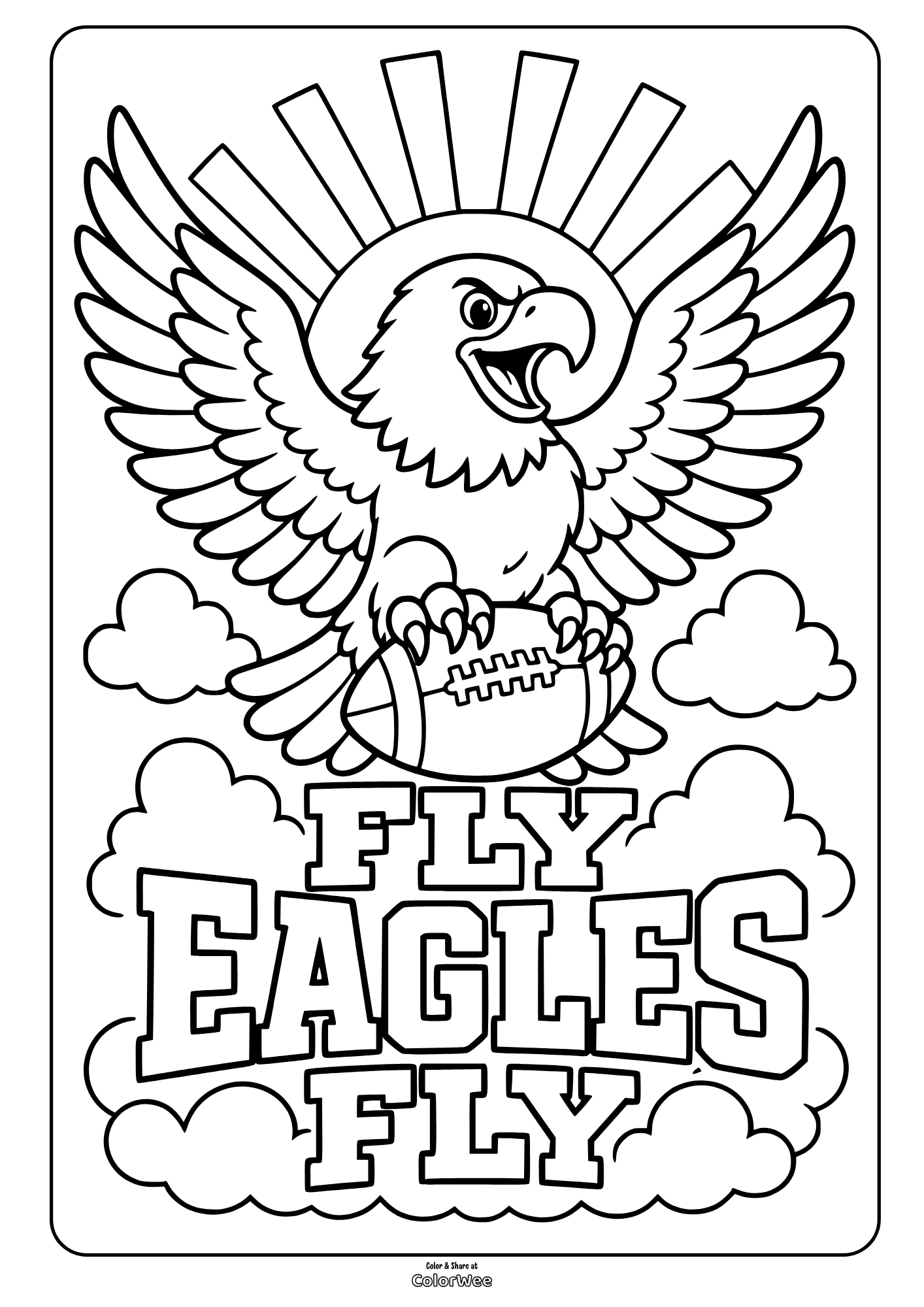 Eagle soaring with wings spread, clutching a football beneath rays and clouds. Philadelphia Eagles picture to color