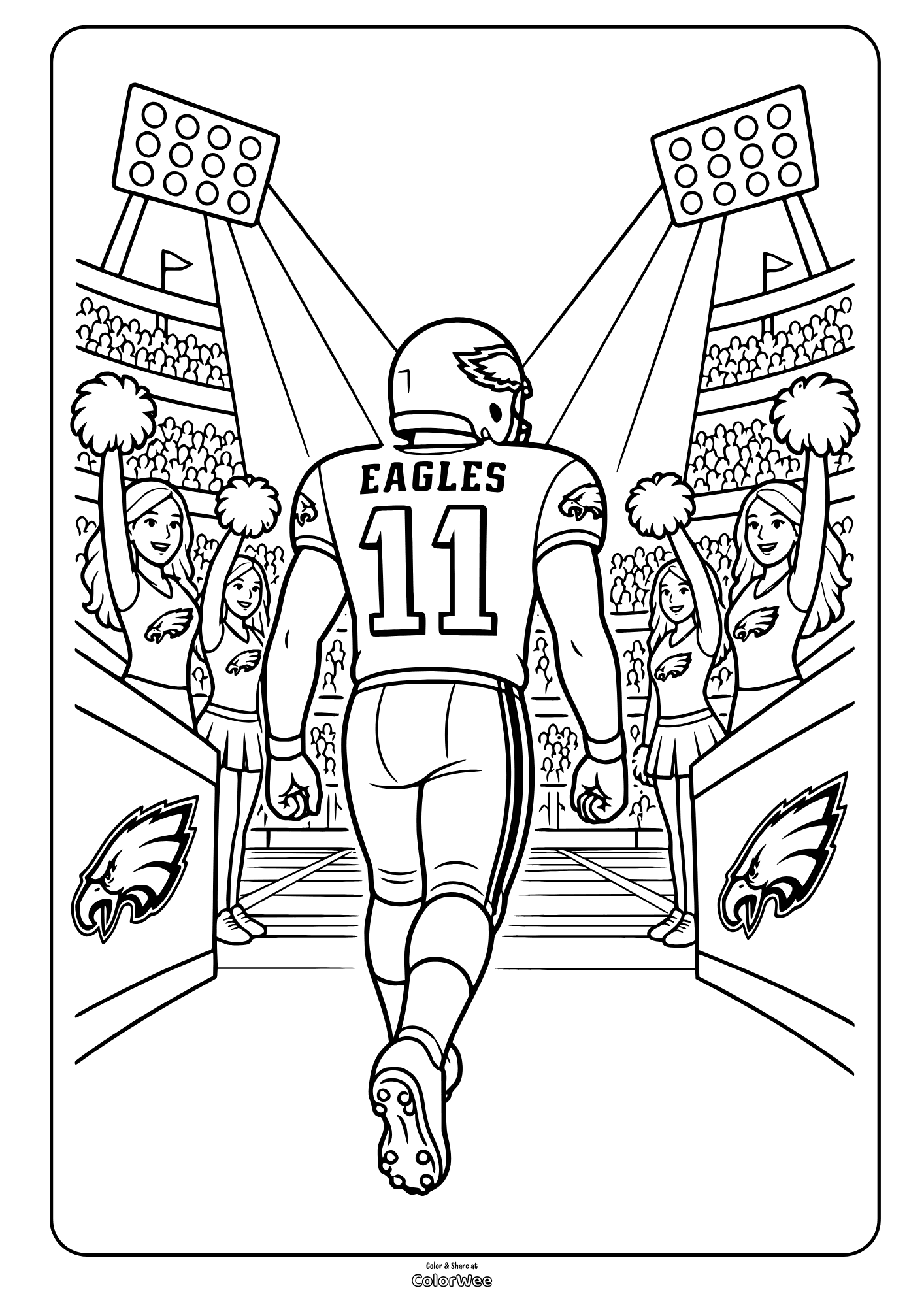 Football player wearing number 11 runs through a stadium with cheering pom-pom squad, coloring picture