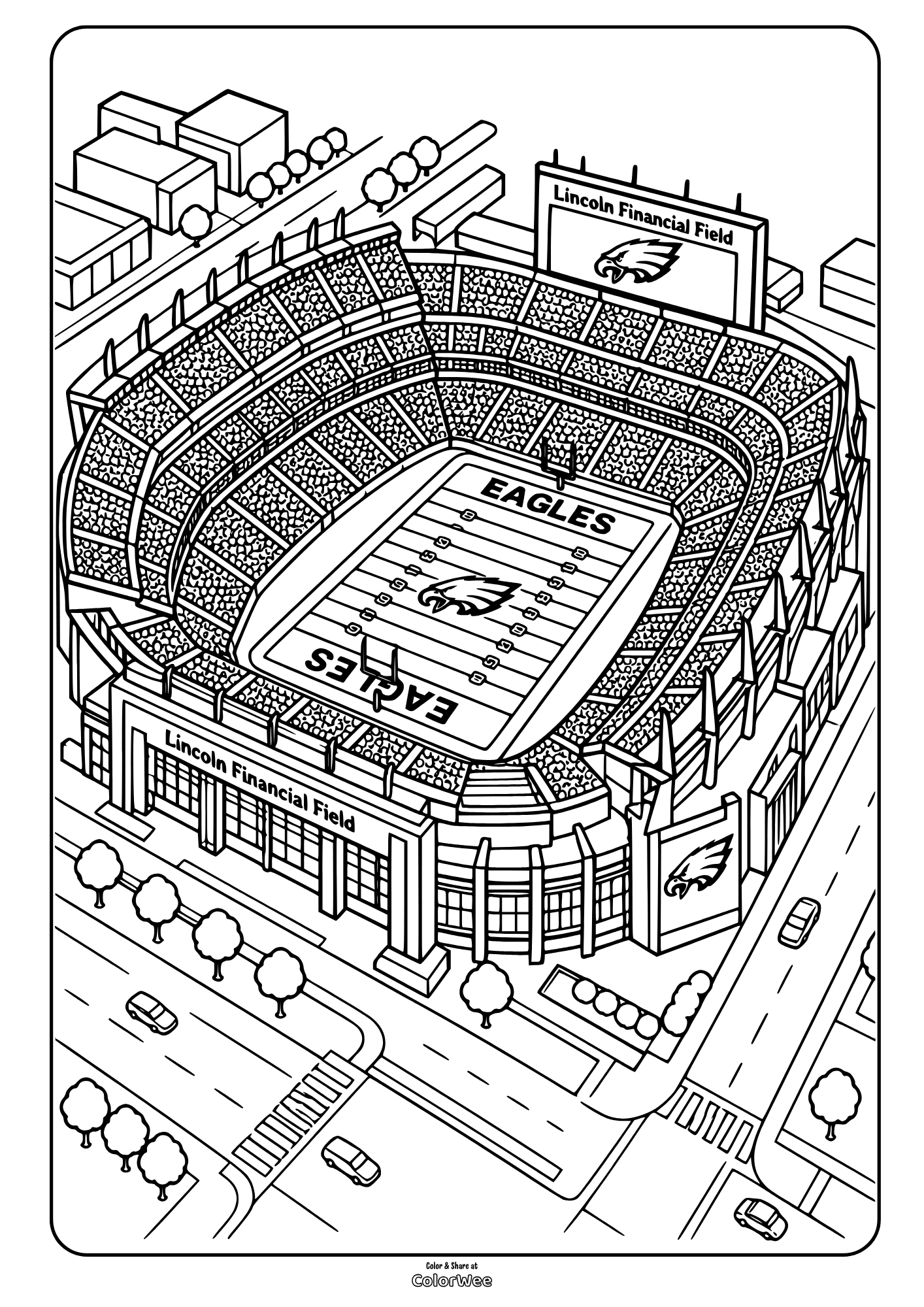 Lincoln Financial Field with an Eagles football field, packed stands, roads, and trees printable coloring page