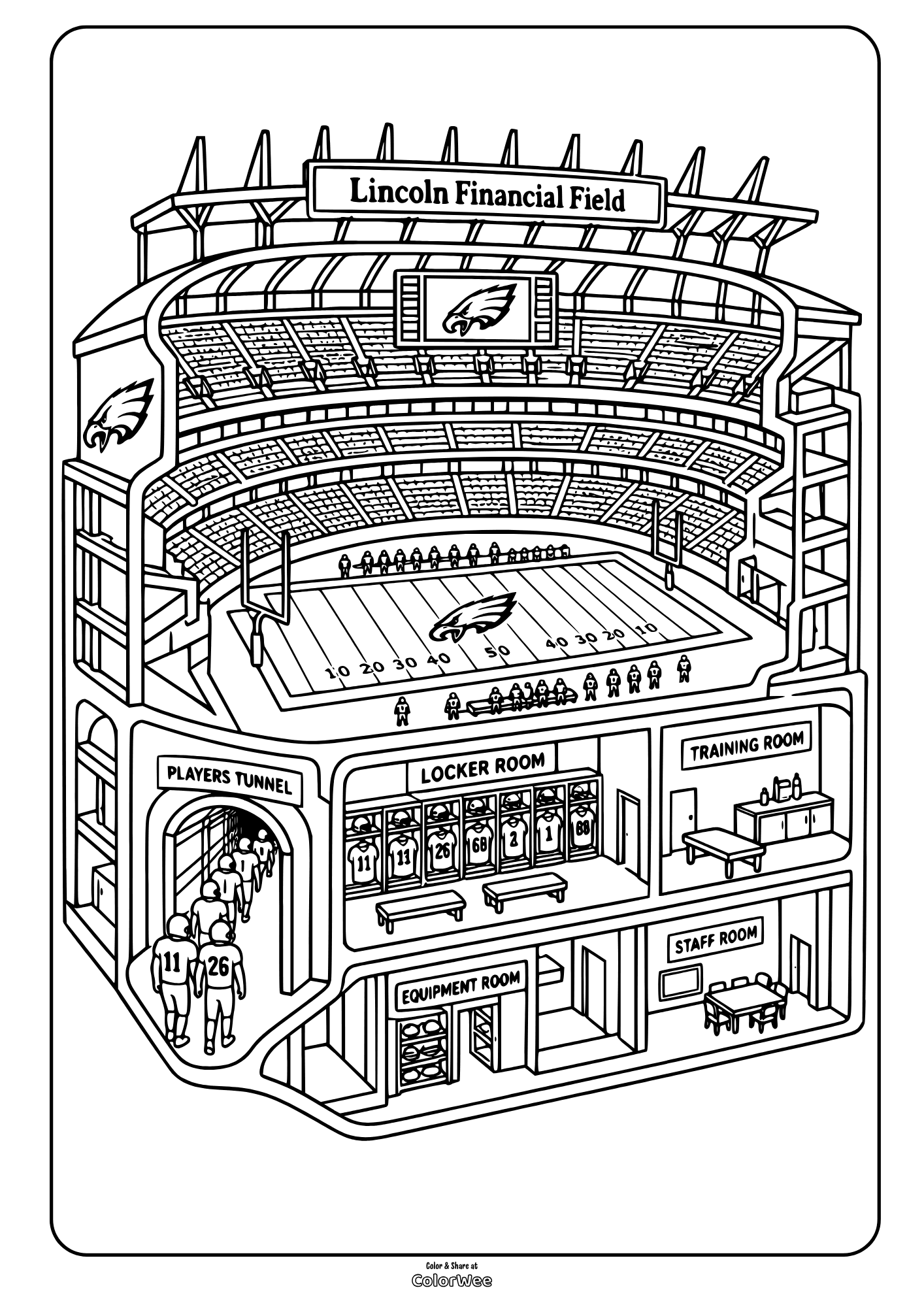 Lincoln Financial Field stadium interior, football field, Eagles logos, seating, and locker rooms printable coloring page