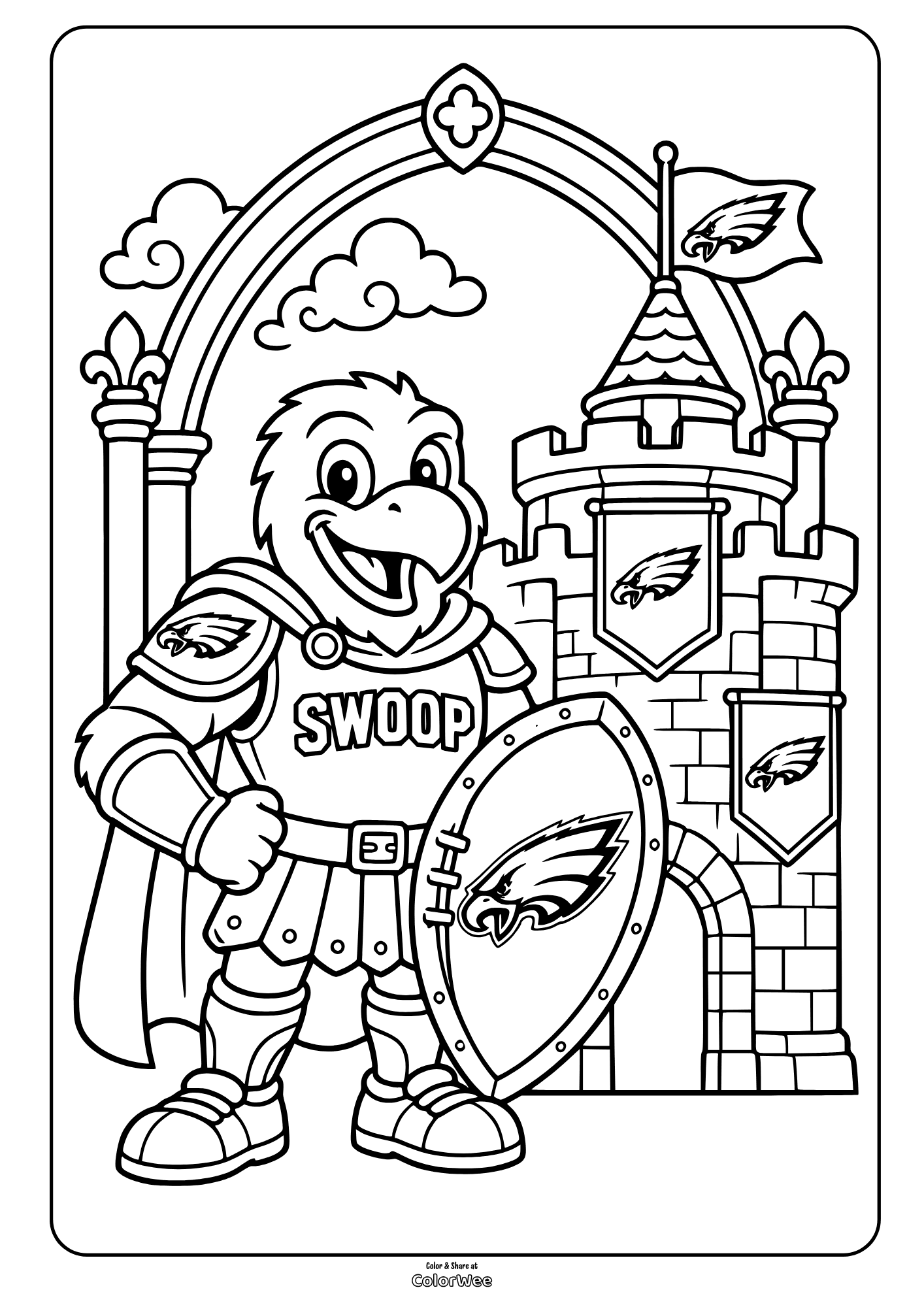 Swoop the eagle knight with shield before a castle and rainbow printable coloring page of Philadelphia Eagles mascot