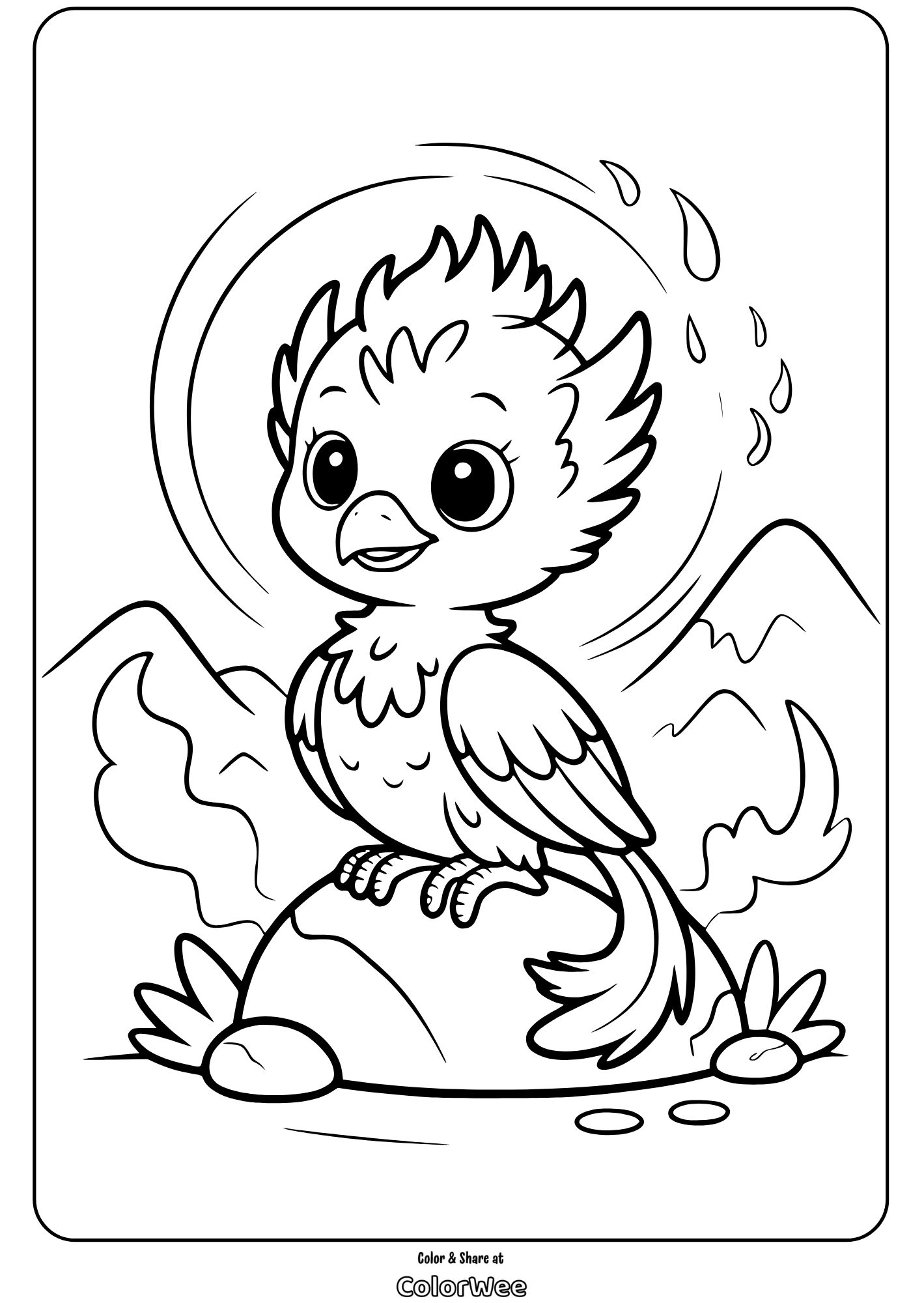 Cute phoenix bird coloring page with mountains in the background.