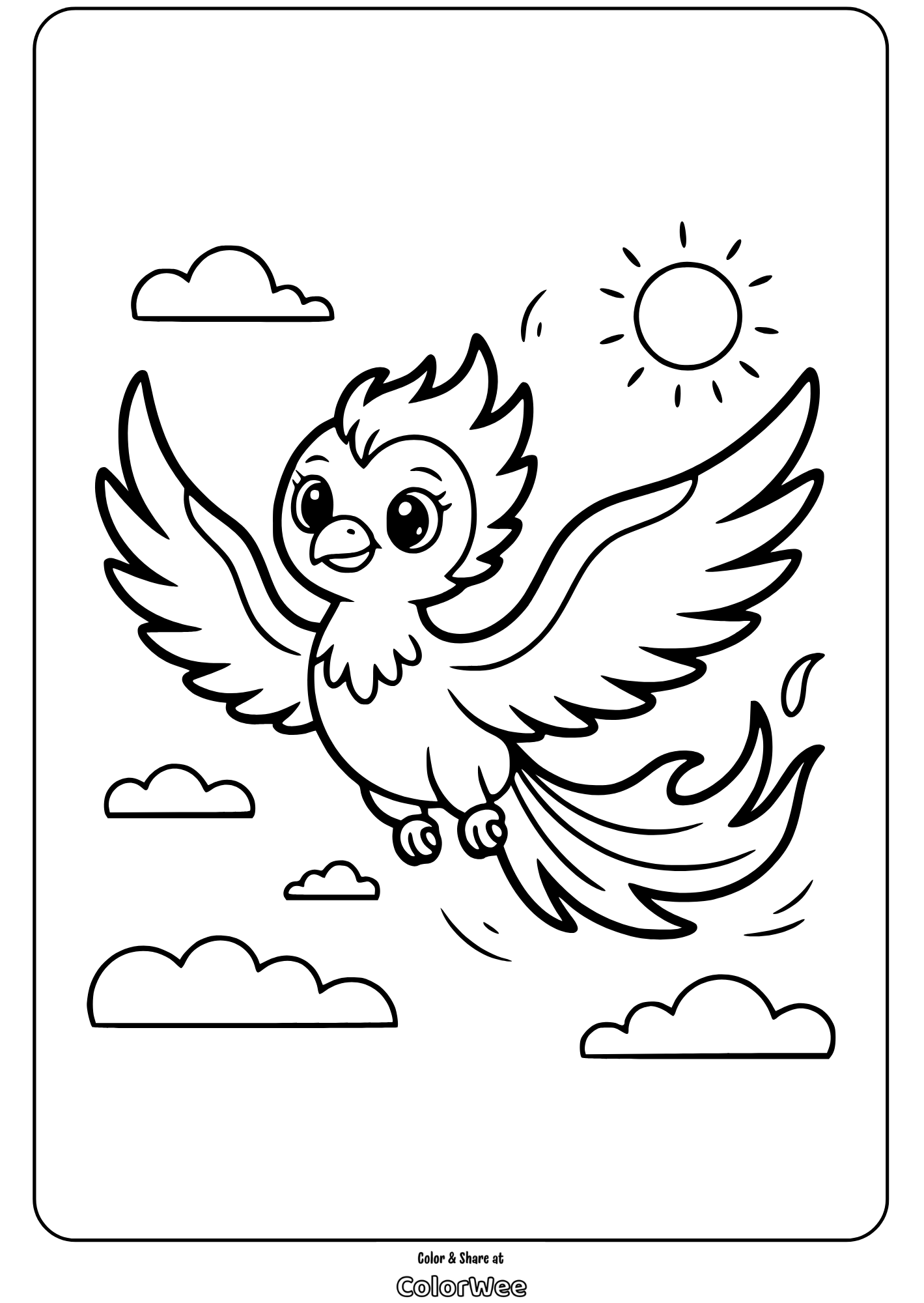 Coloring page of a happy phoenix bird flying in the sky with sun and clouds.