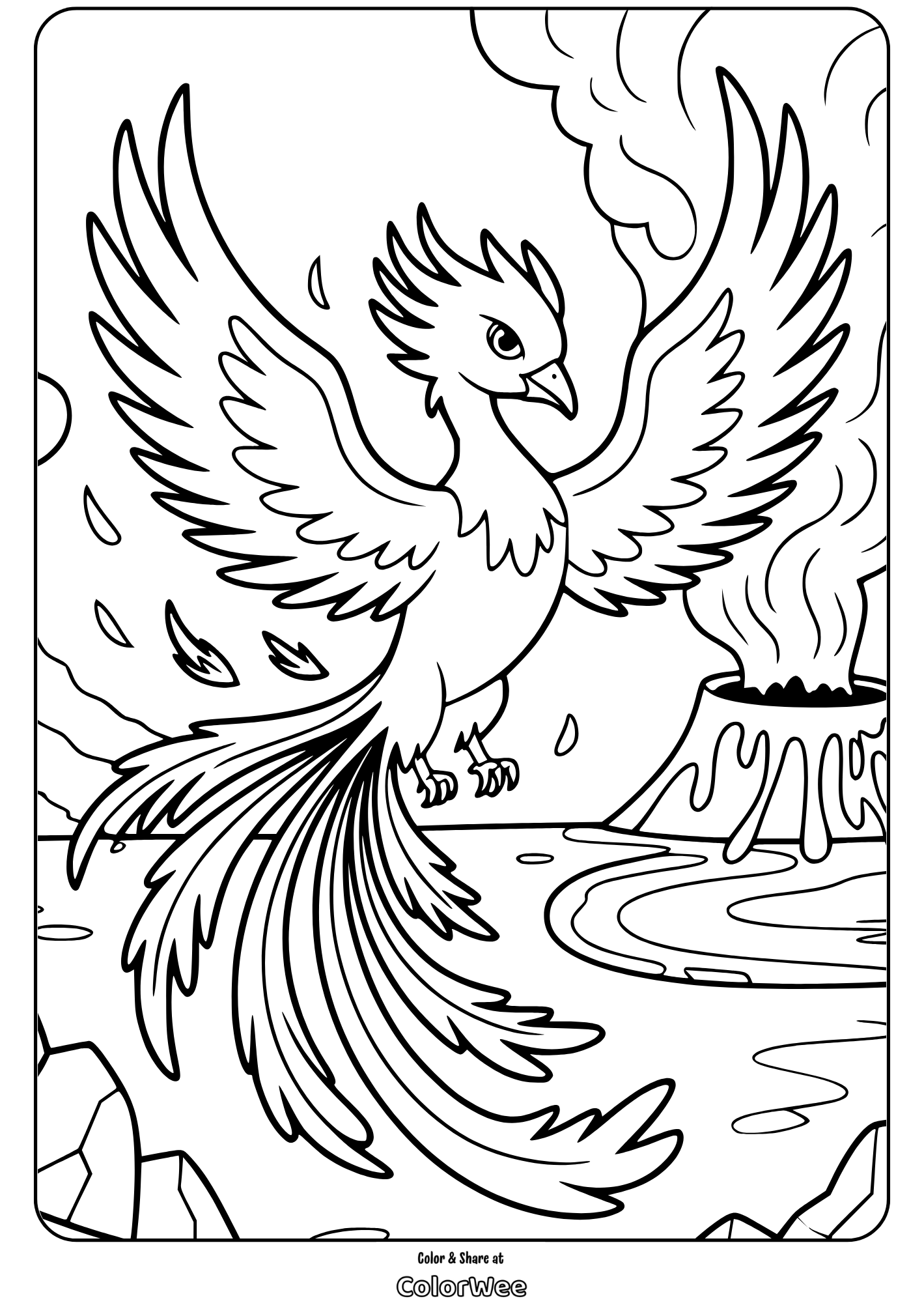 Phoenix bird flying over volcanic landscape coloring page.