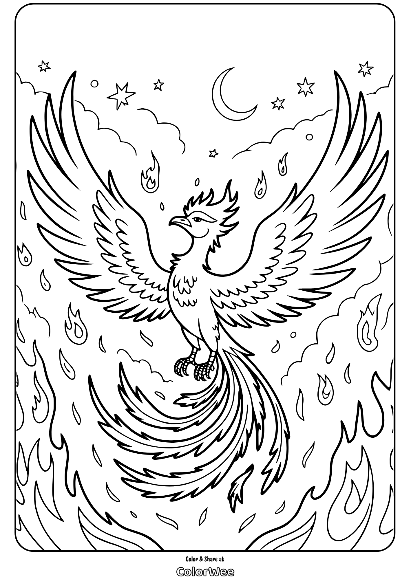 Phoenix bird coloring page with flames, stars, and crescent moon.