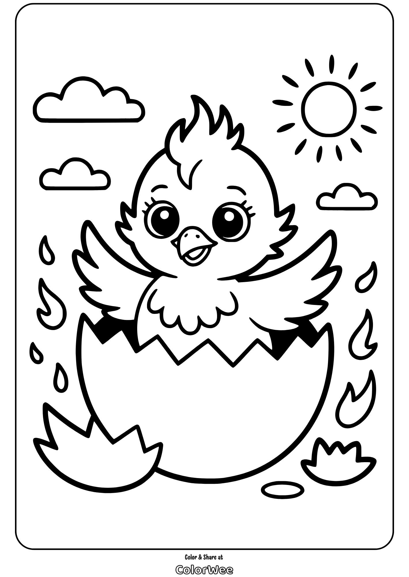 Phoenix bird hatching from egg coloring page with sun and clouds.