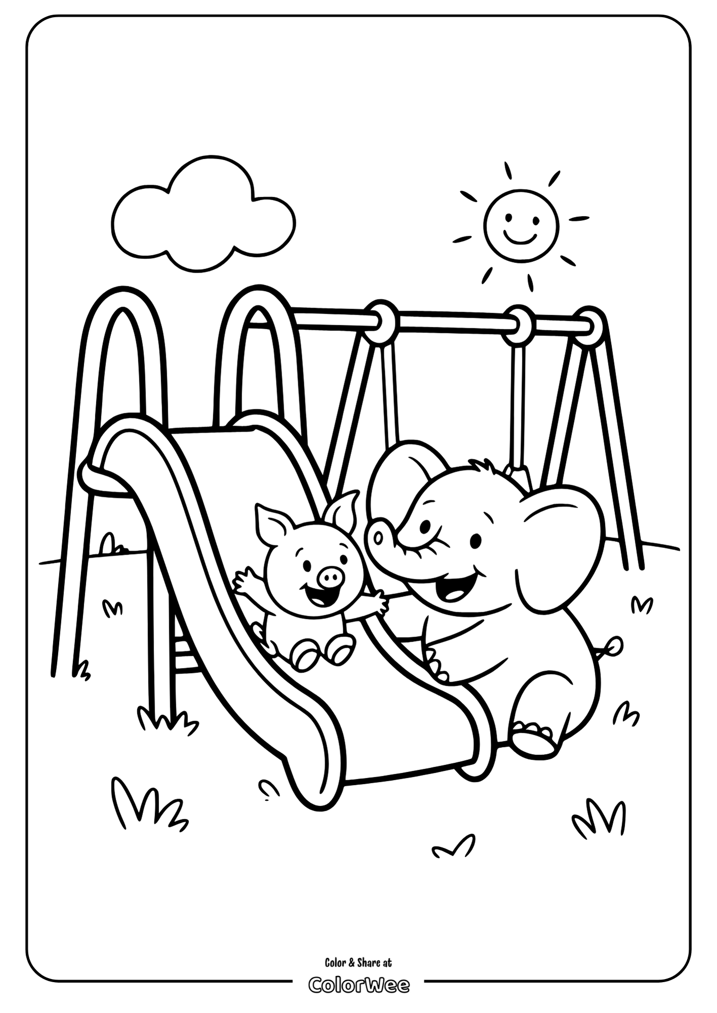 Elephant and Piglet Play on Slide Under Sunny Sky Coloring Page