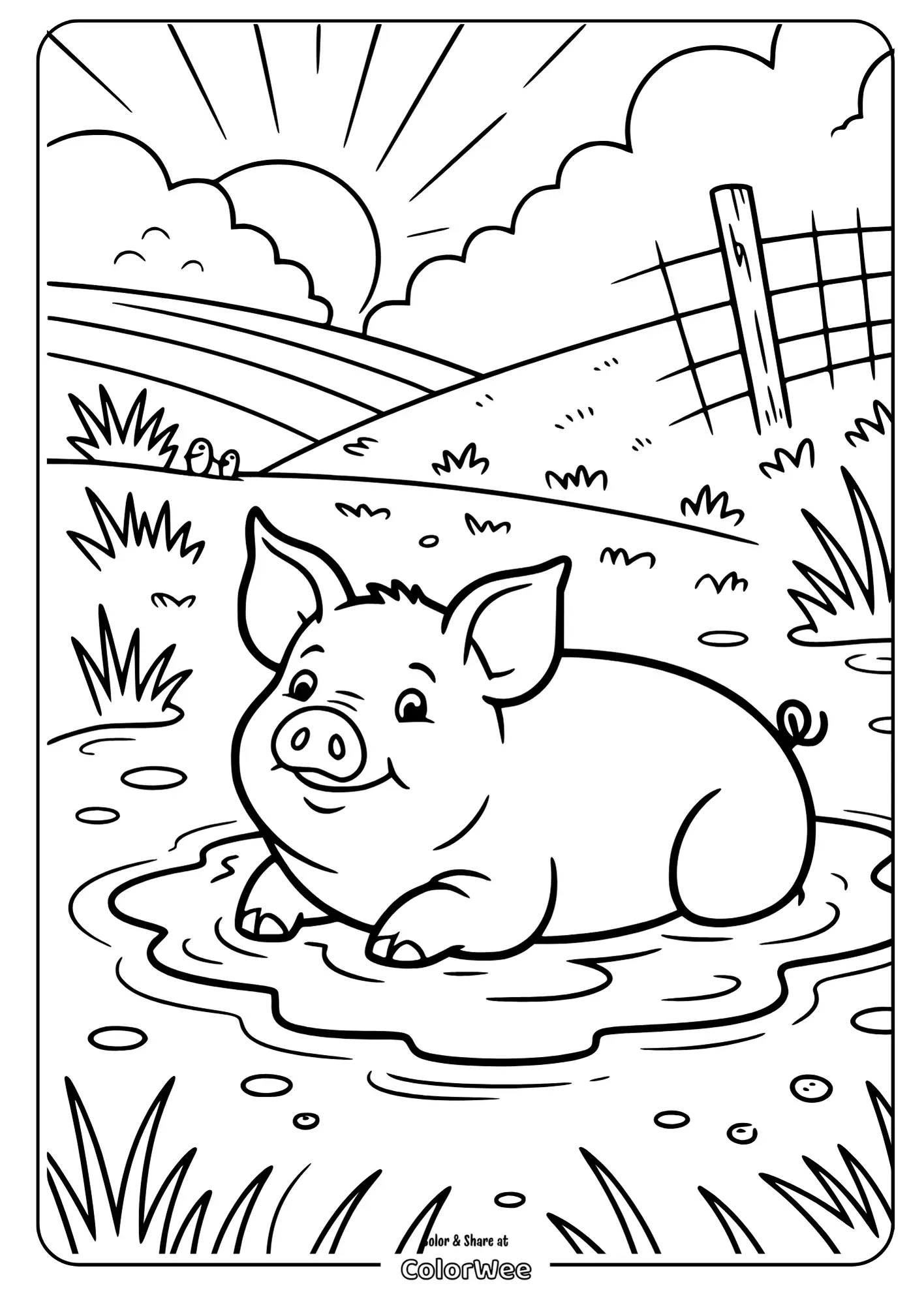 Cute pig in a mud puddle coloring page for kids