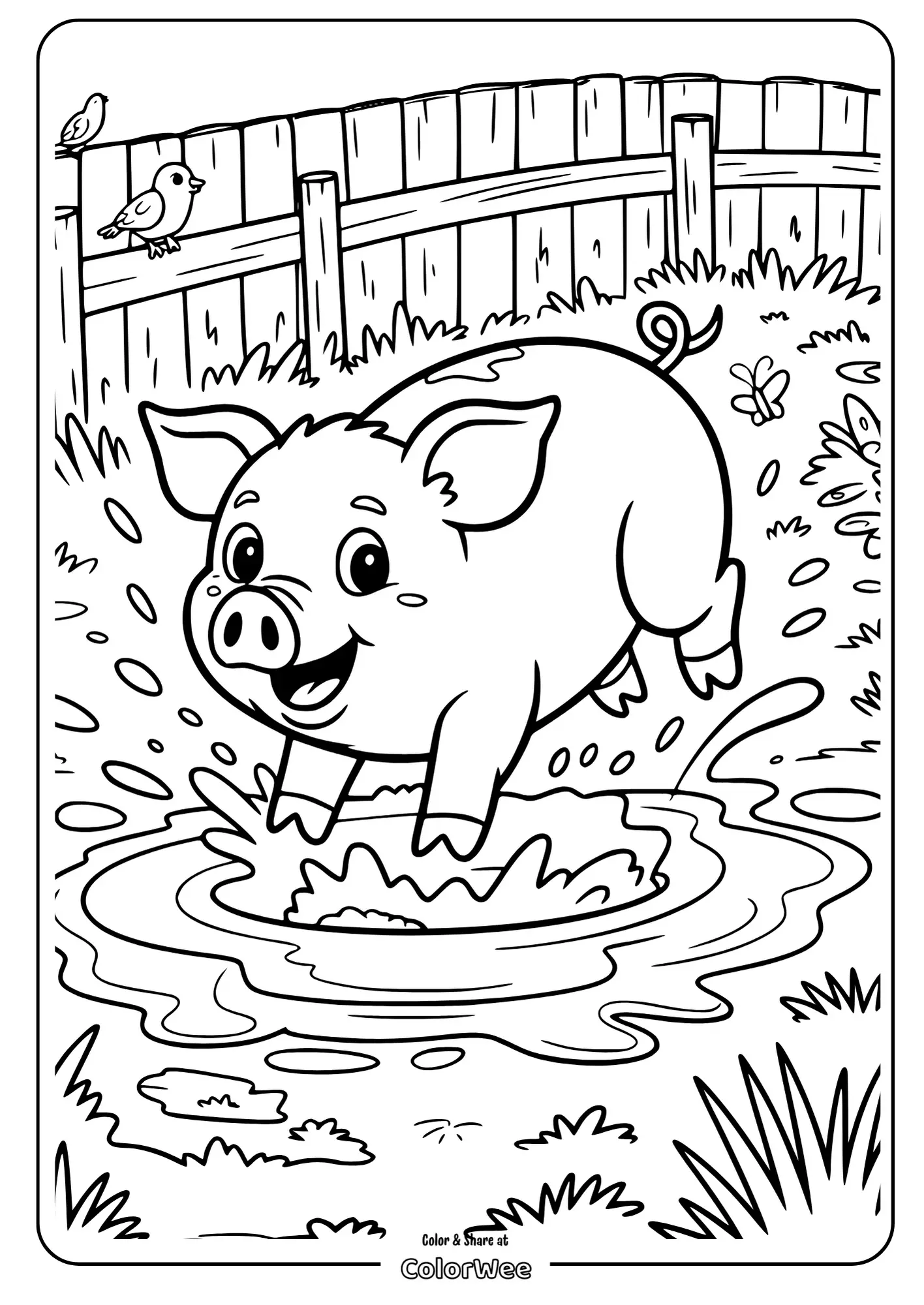 Cute pig splashing in a puddle coloring page.