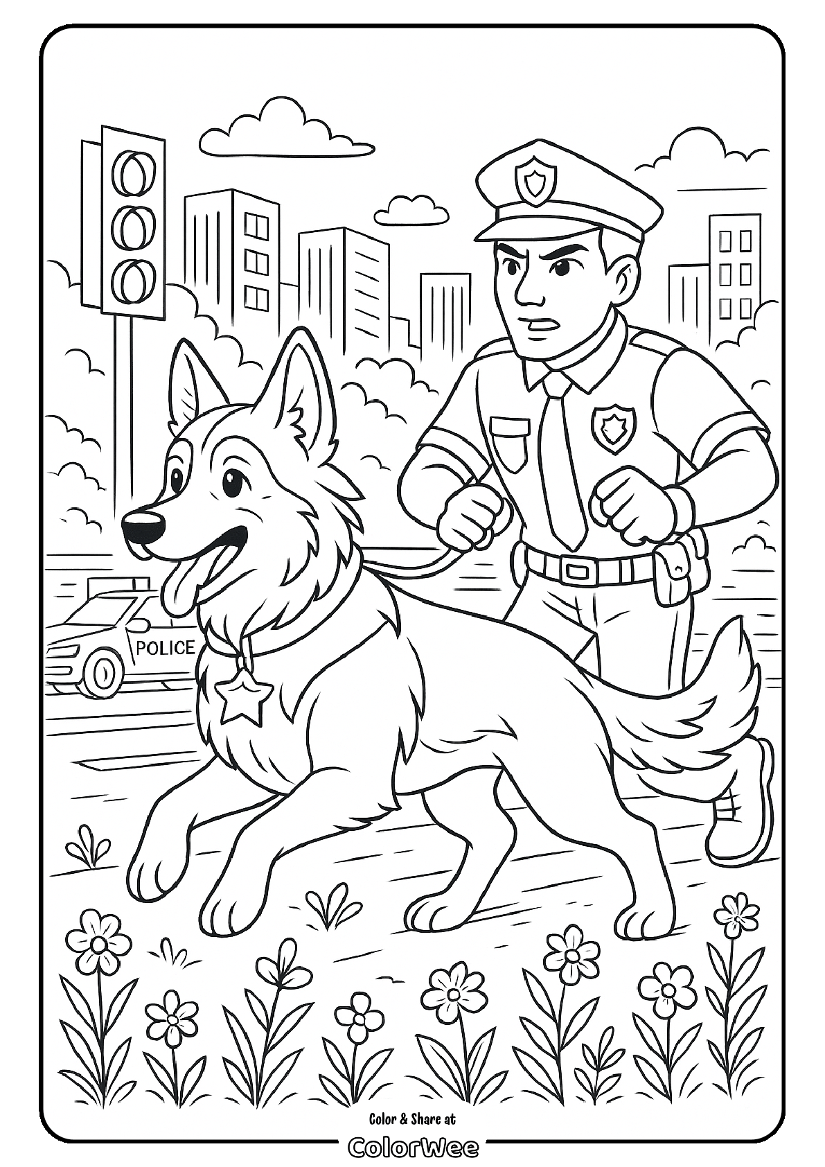 Police officer and dog running in cityscape coloring page.