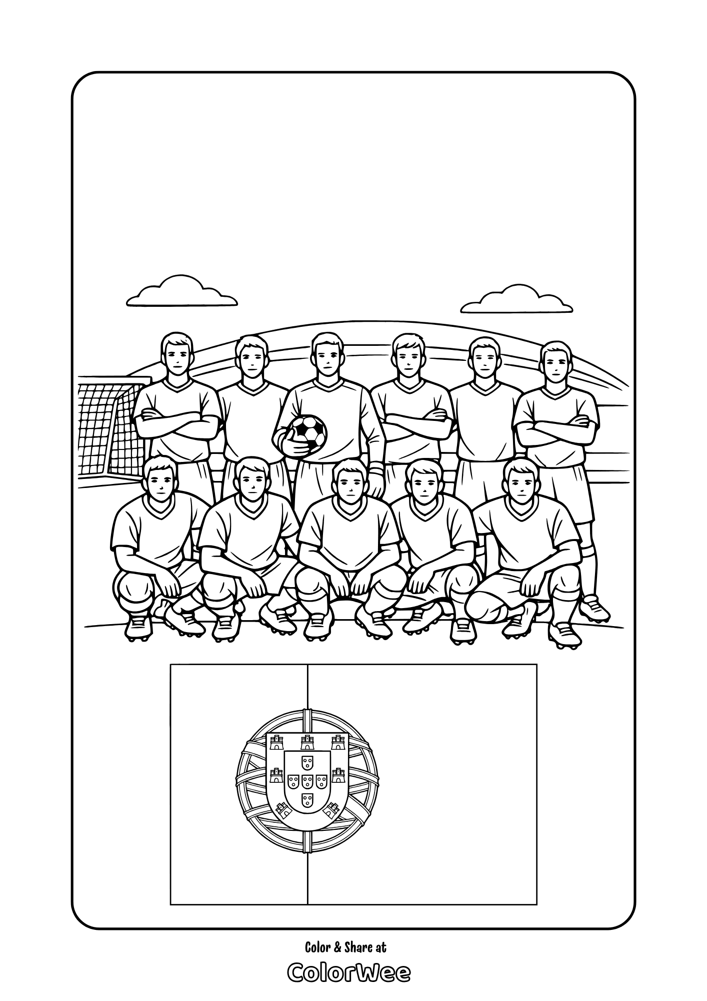 Portugal soccer team coloring sheet with stadium and flag emblem