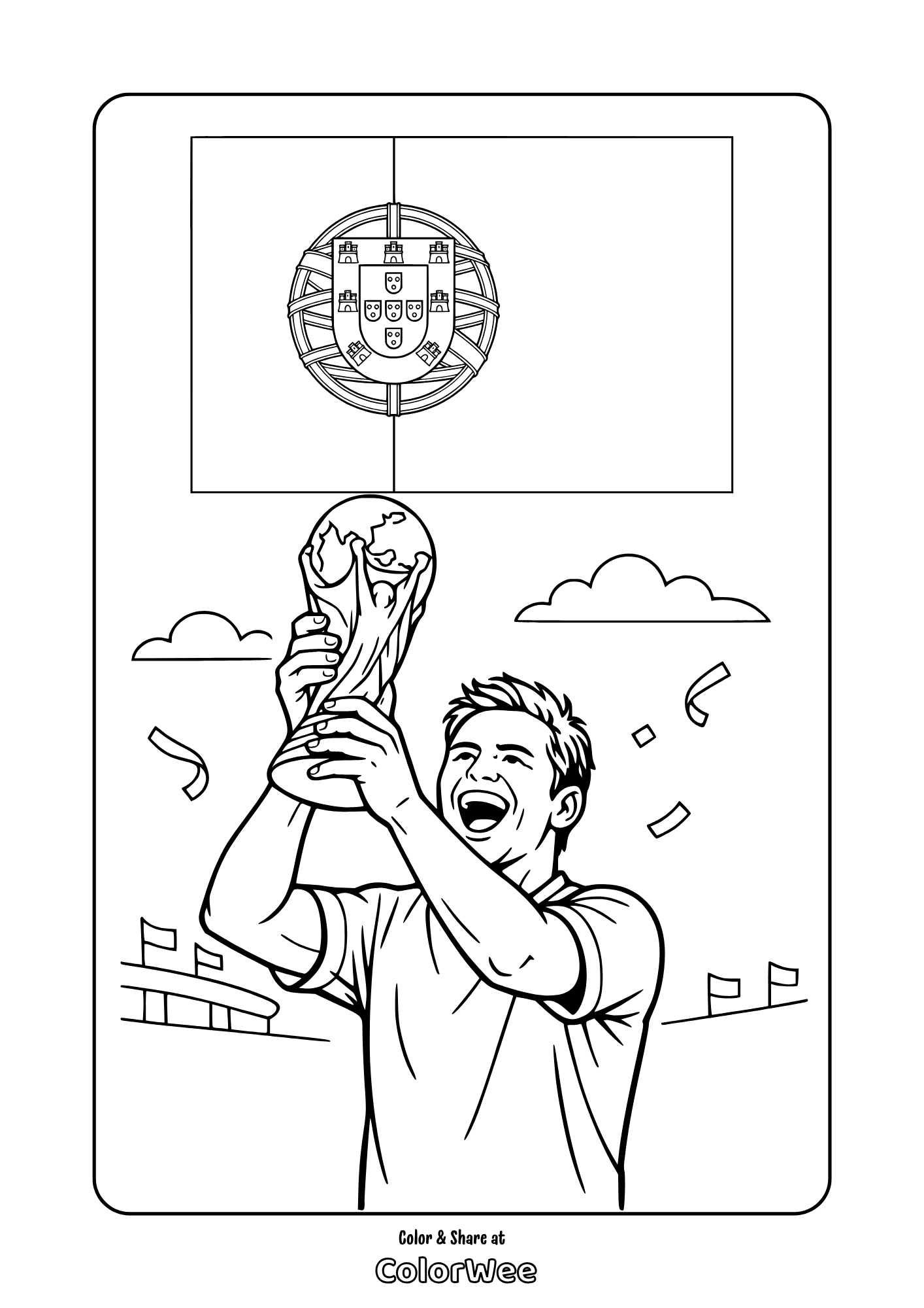 Portugal flag and soccer player lifting World Cup trophy coloring sheet.