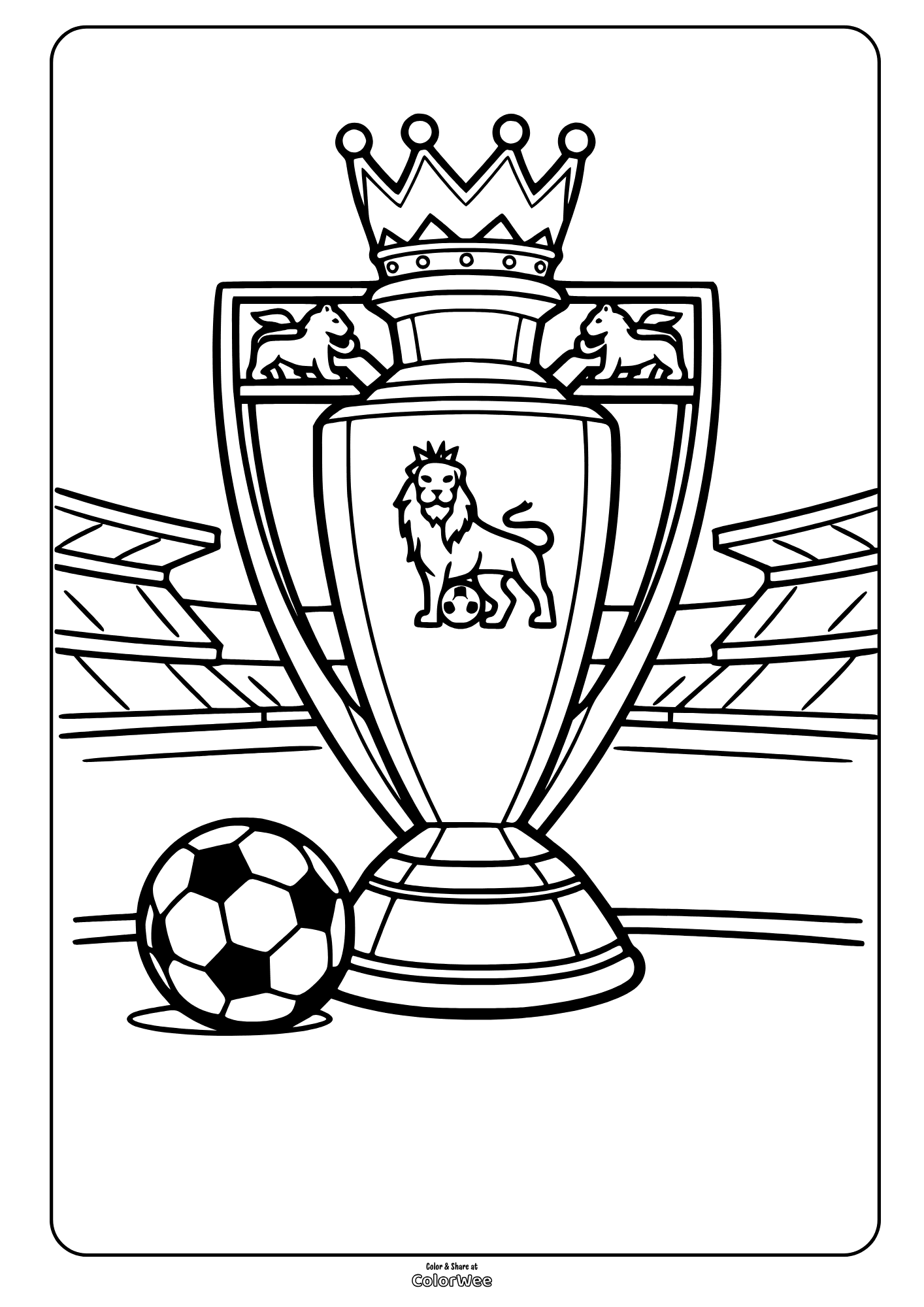 Printable soccer trophy and ball in stadium coloring sheet for kids
