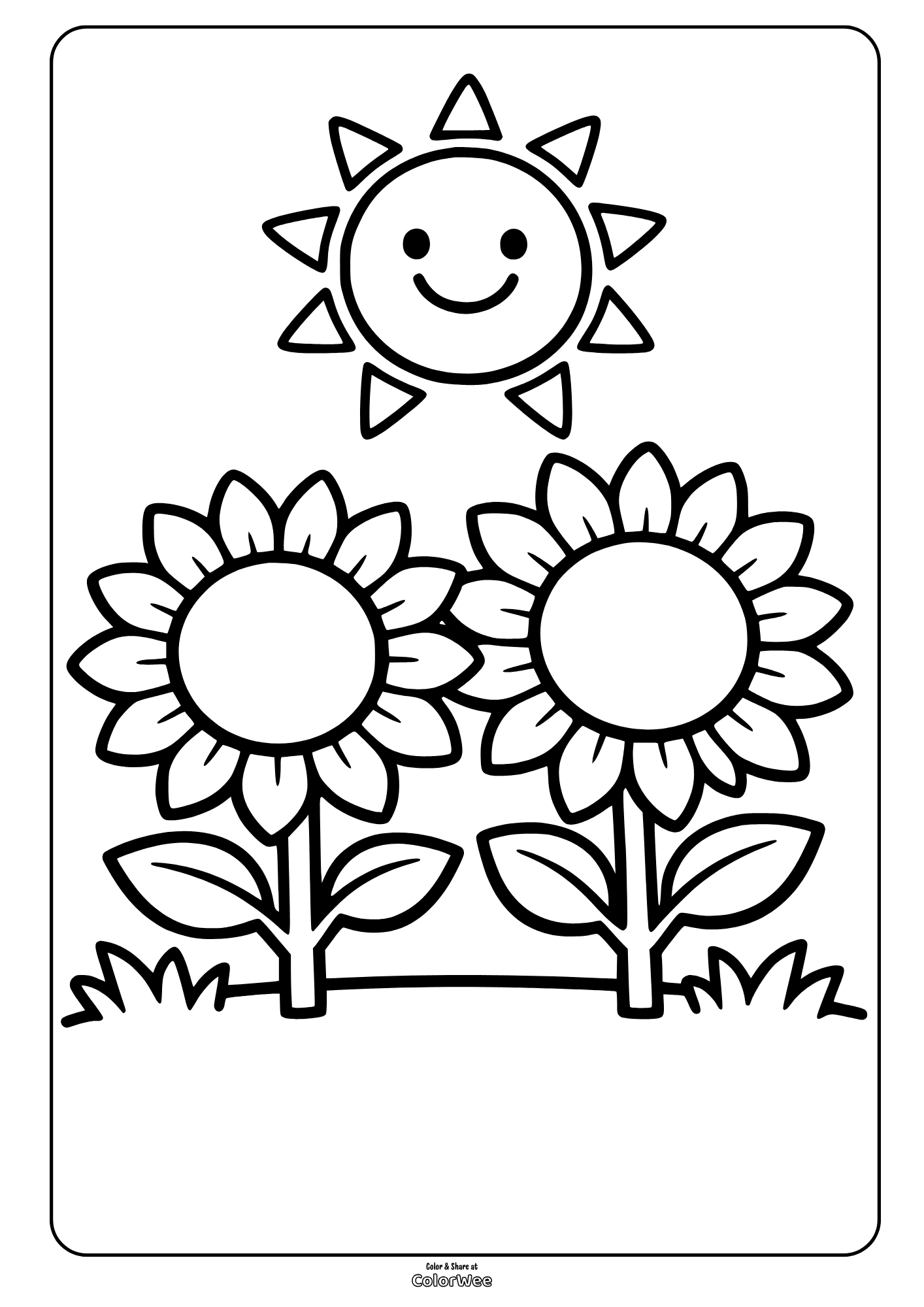 Sunflowers with smiling sun coloring page for kids