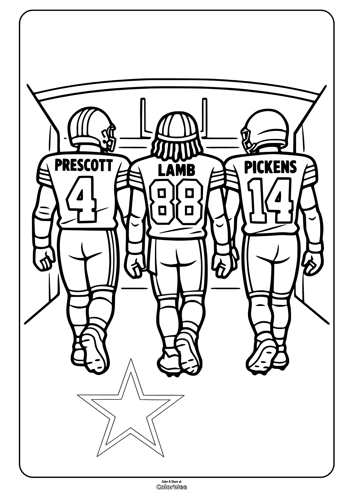 Free printable football players (Prescott, Lamb, Pickens) tunnel Cowboys star logo coloring sheet .