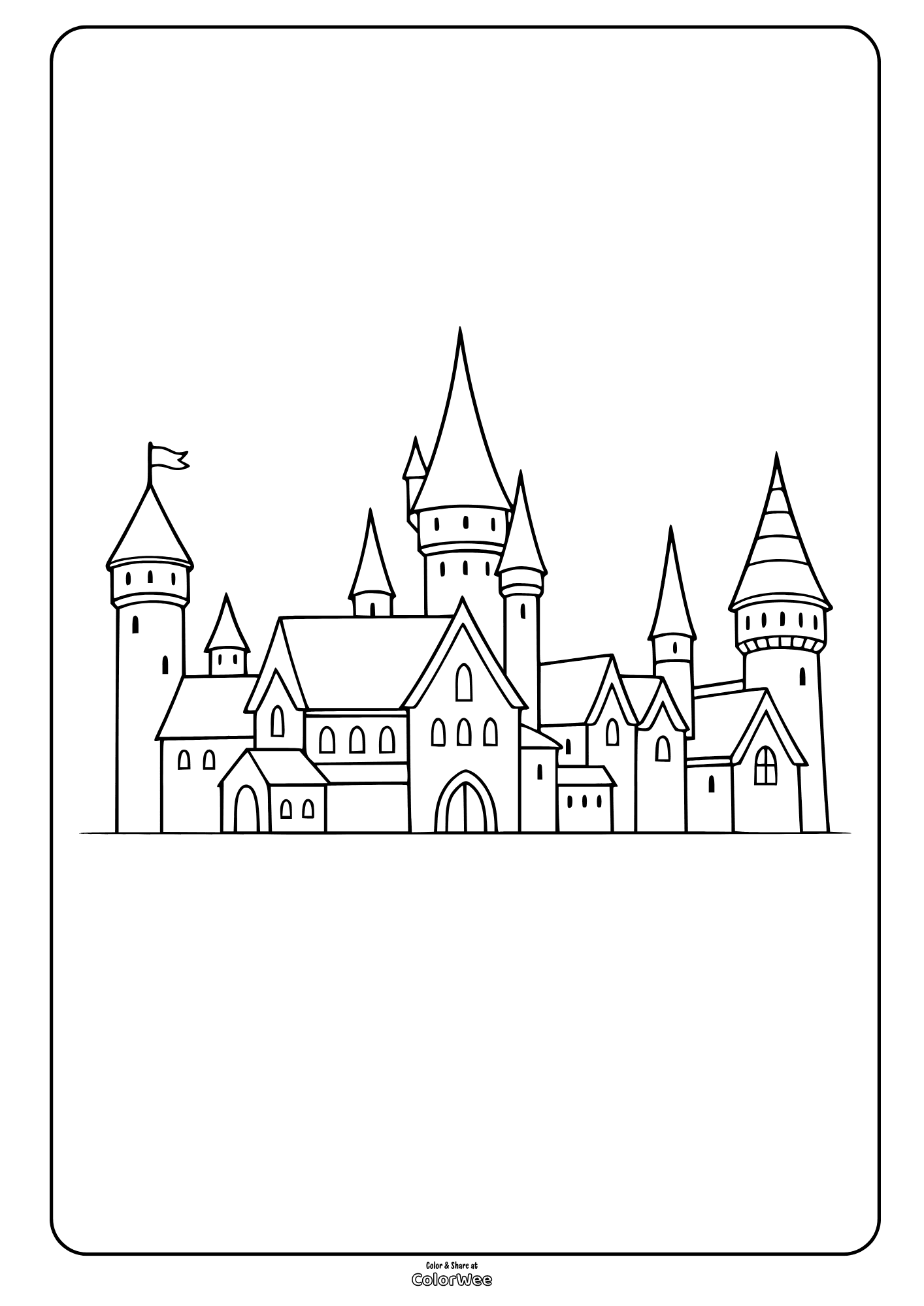 Printable Hogwarts coloring page for kids with turrets and flag