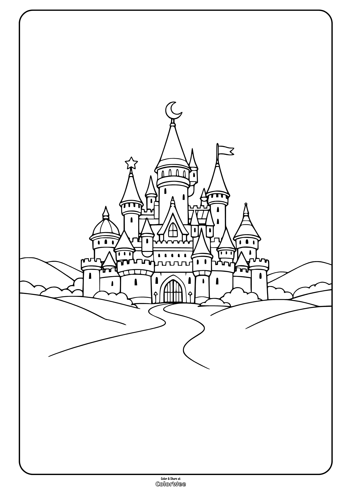 Printable Hogwarts castle coloring page with towers and flags