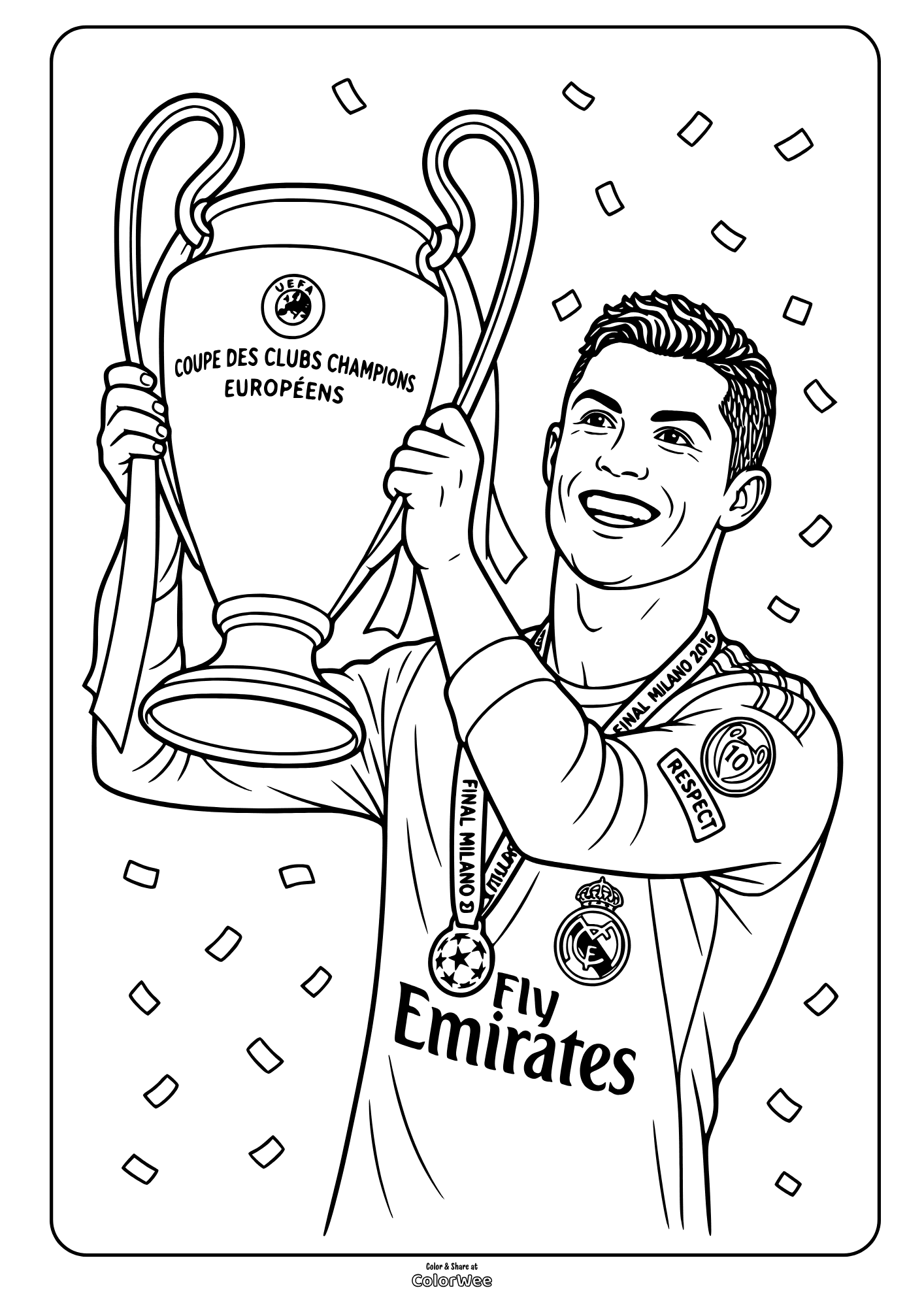 Cristiano Ronaldo with Champions League trophy coloring page