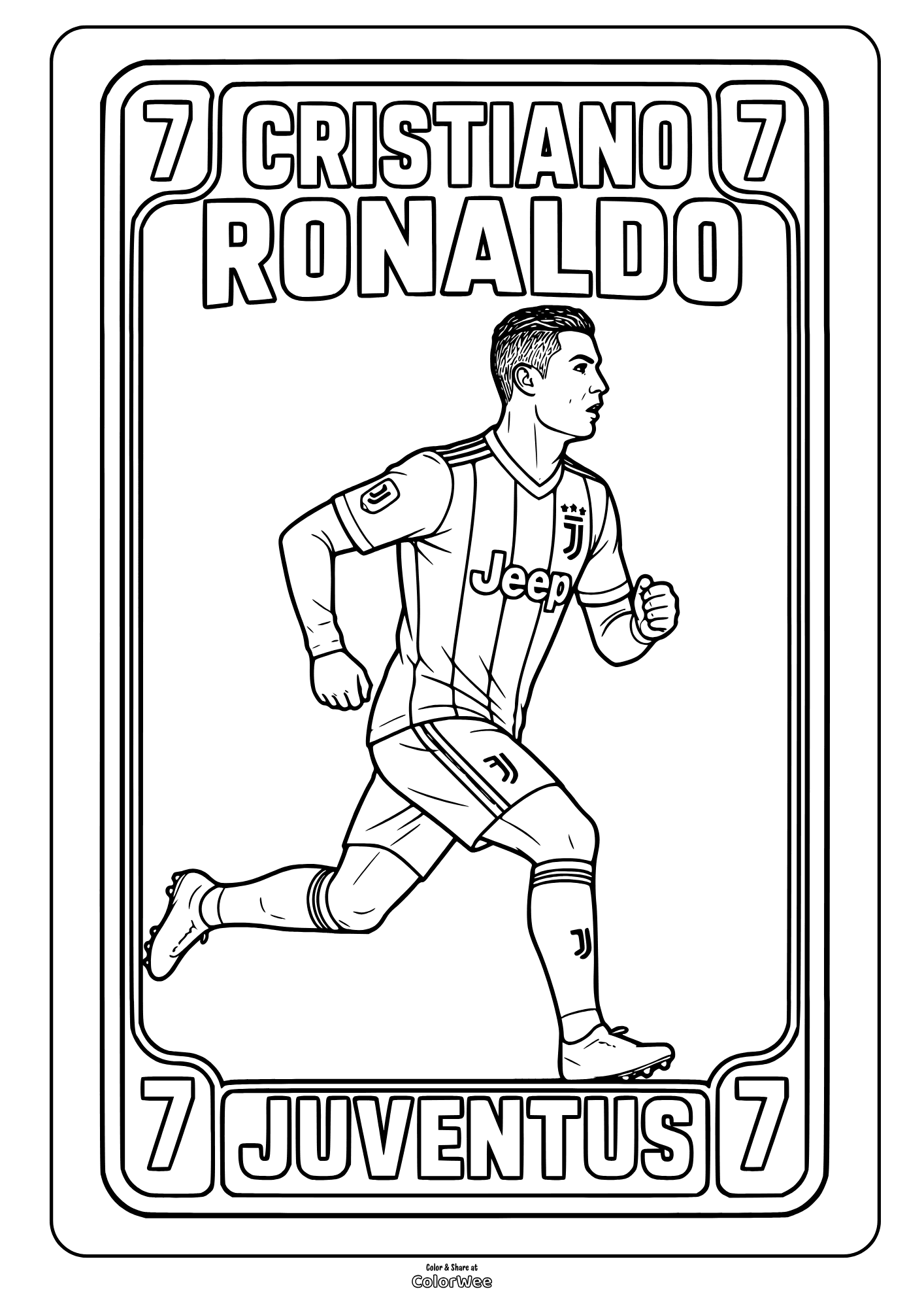 Cristiano Ronaldo Juventus coloring sheet for kids, featuring jersey number 7