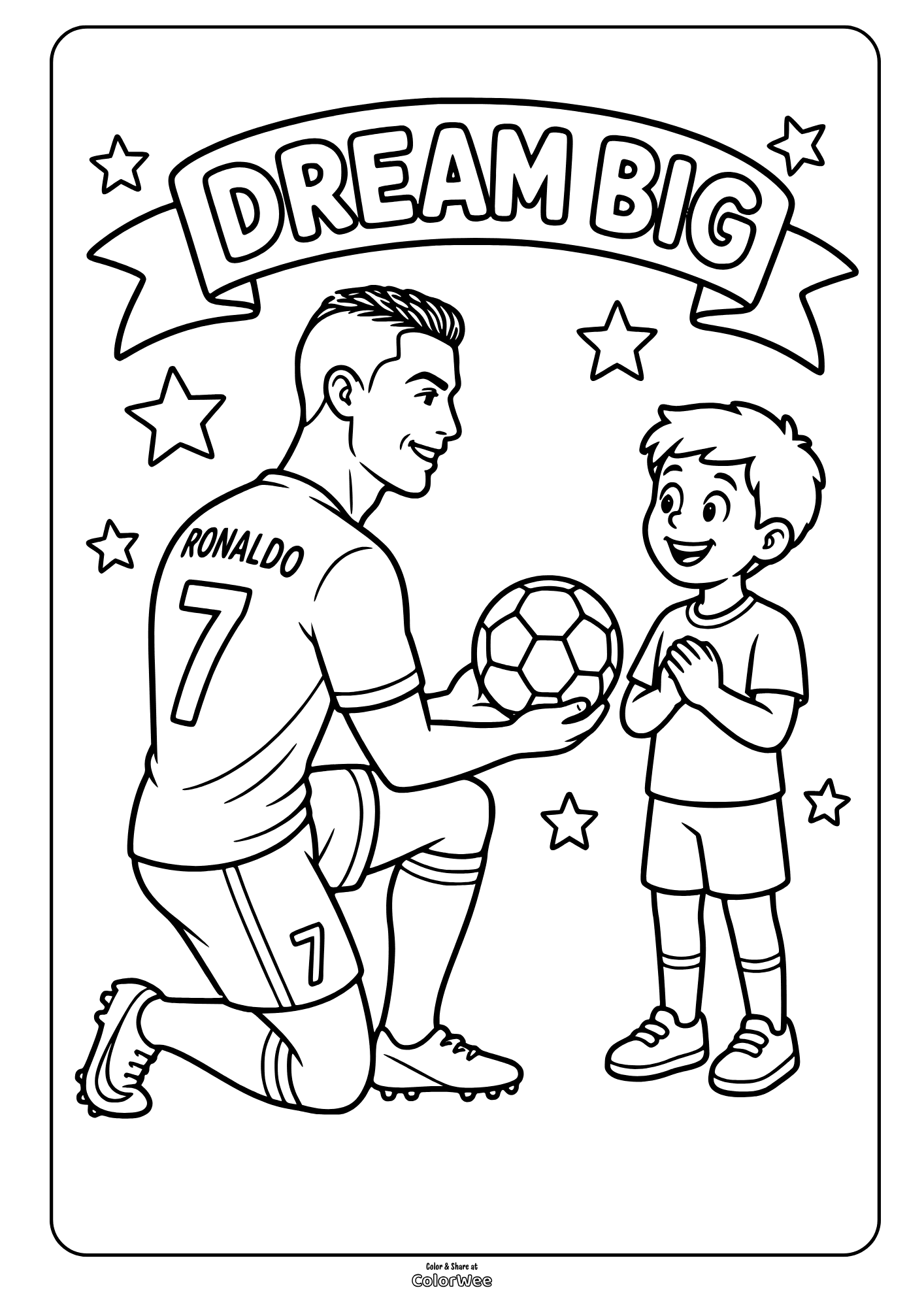 Cristiano Ronaldo coloring sheet playing soccer with a child and ball