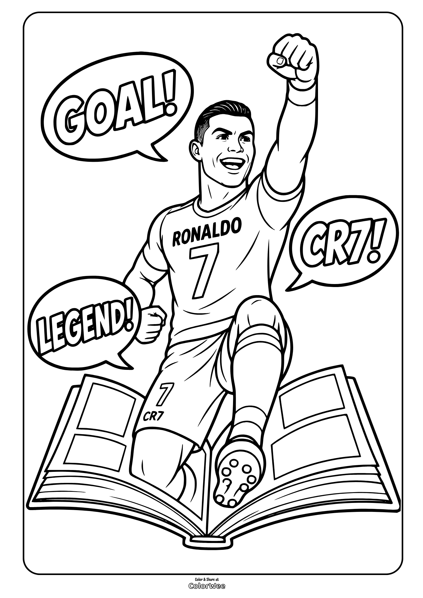 Cristiano Ronaldo coloring sheet celebrating a goal in his iconic No. 7 jersey