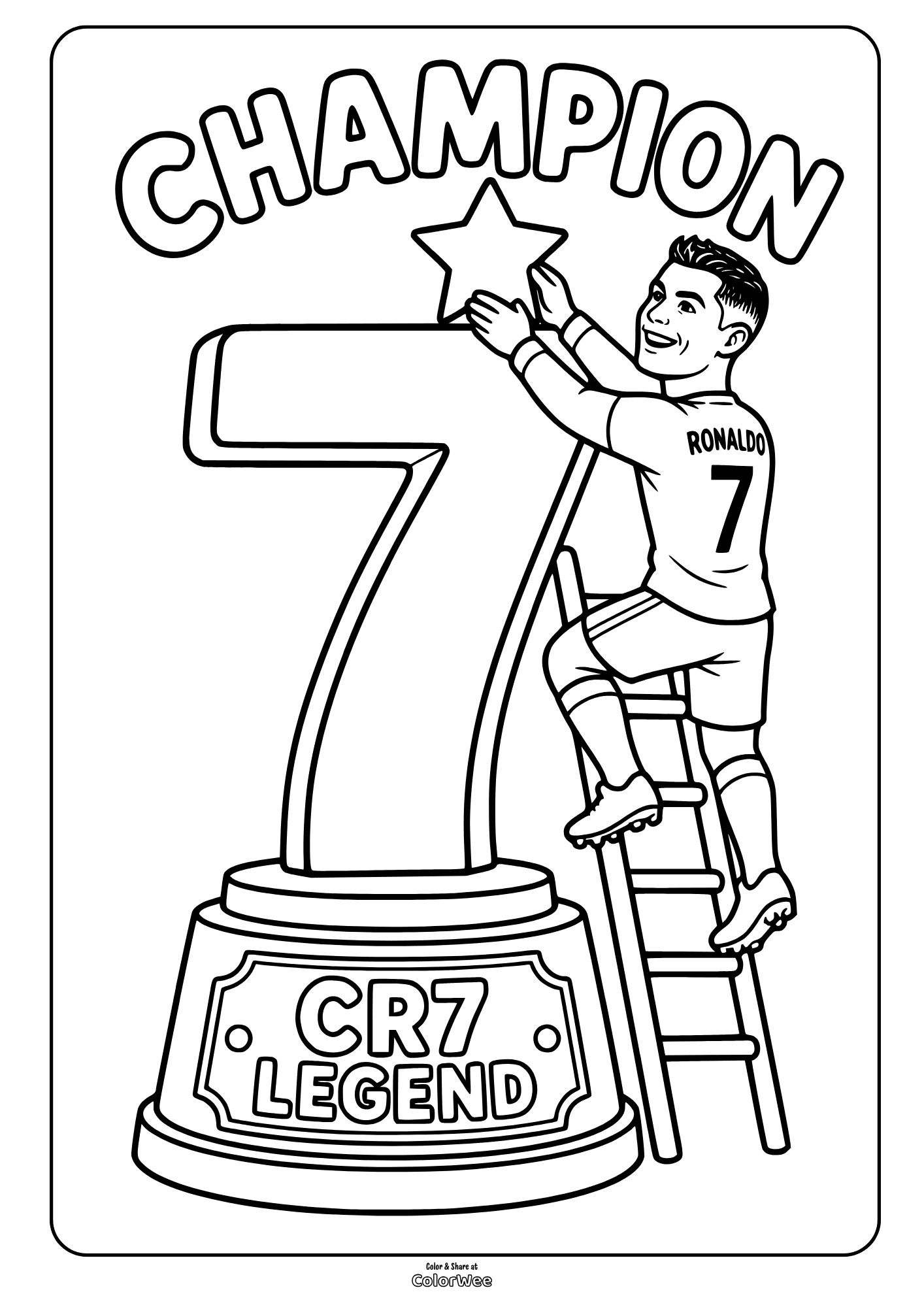 Cristiano Ronaldo CR7 coloring sheet with trophy and championship star