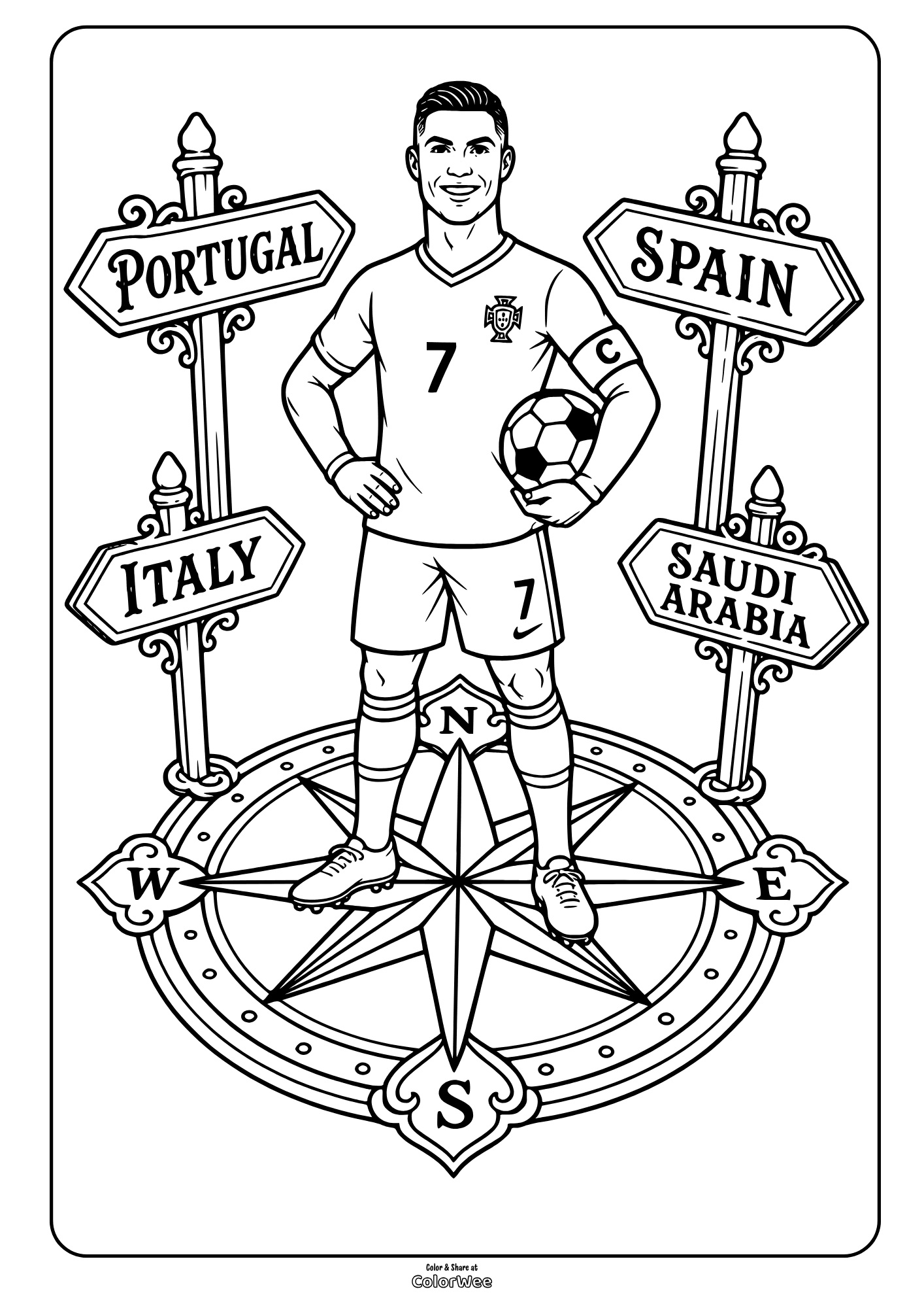 Cristiano Ronaldo coloring sheet with soccer ball and travel signs