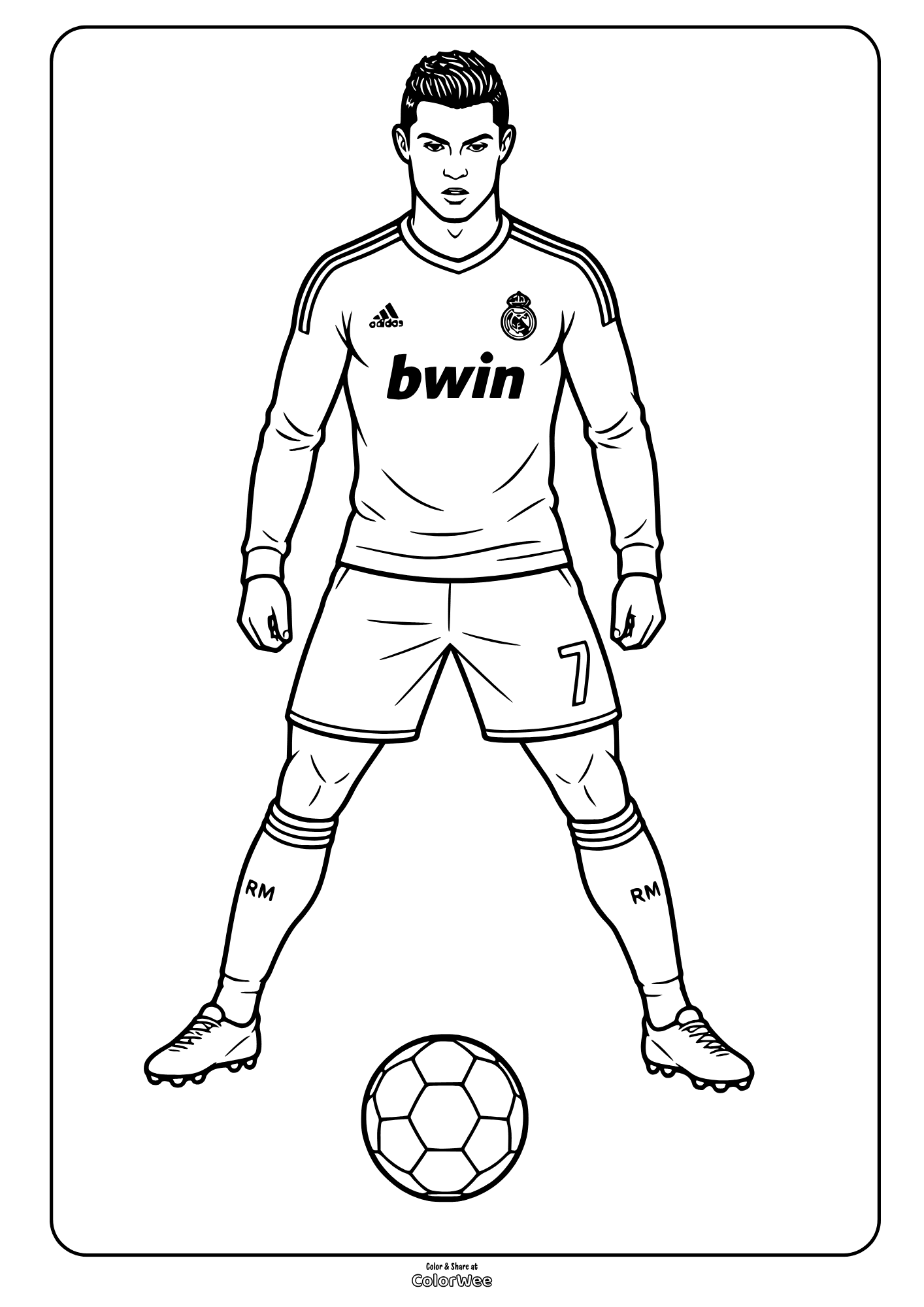 Cristiano Ronaldo soccer coloring sheet in Real Madrid uniform with ball
