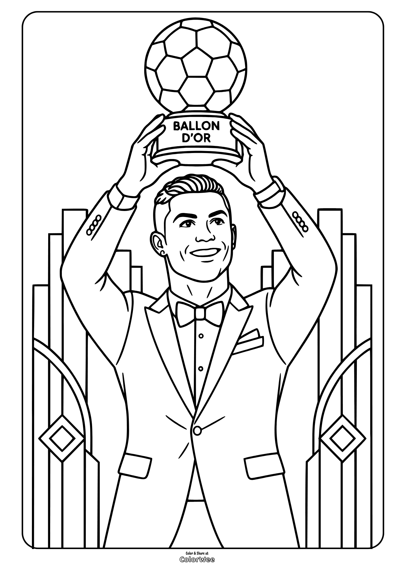 Cristiano Ronaldo coloring sheet holding the Ballon d’Or trophy