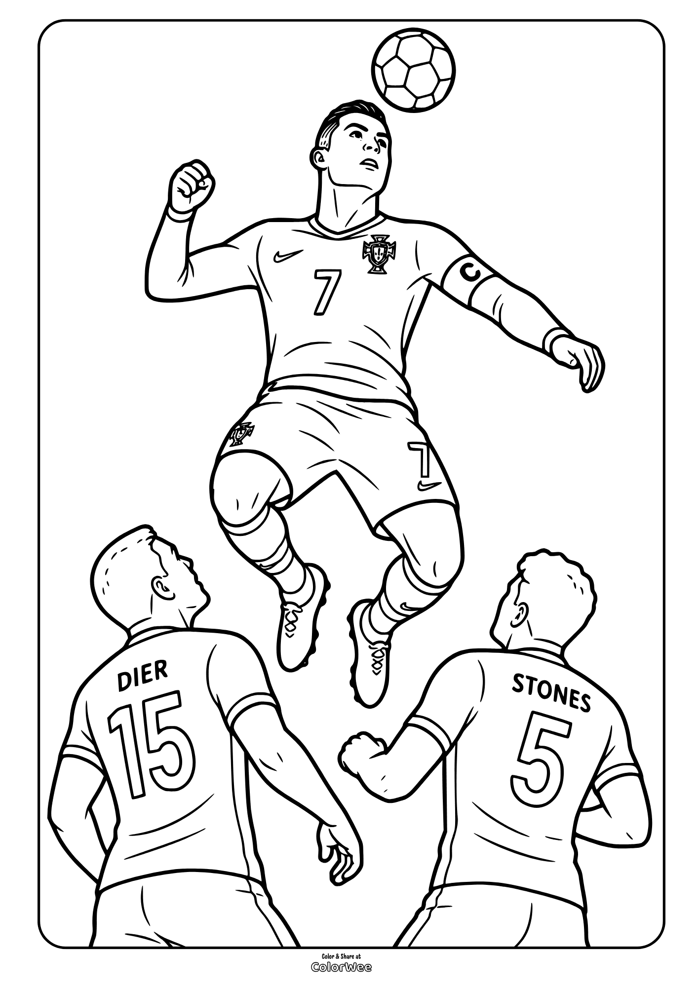 Cristiano Ronaldo coloring sheet in Portugal jersey with a soccer ball