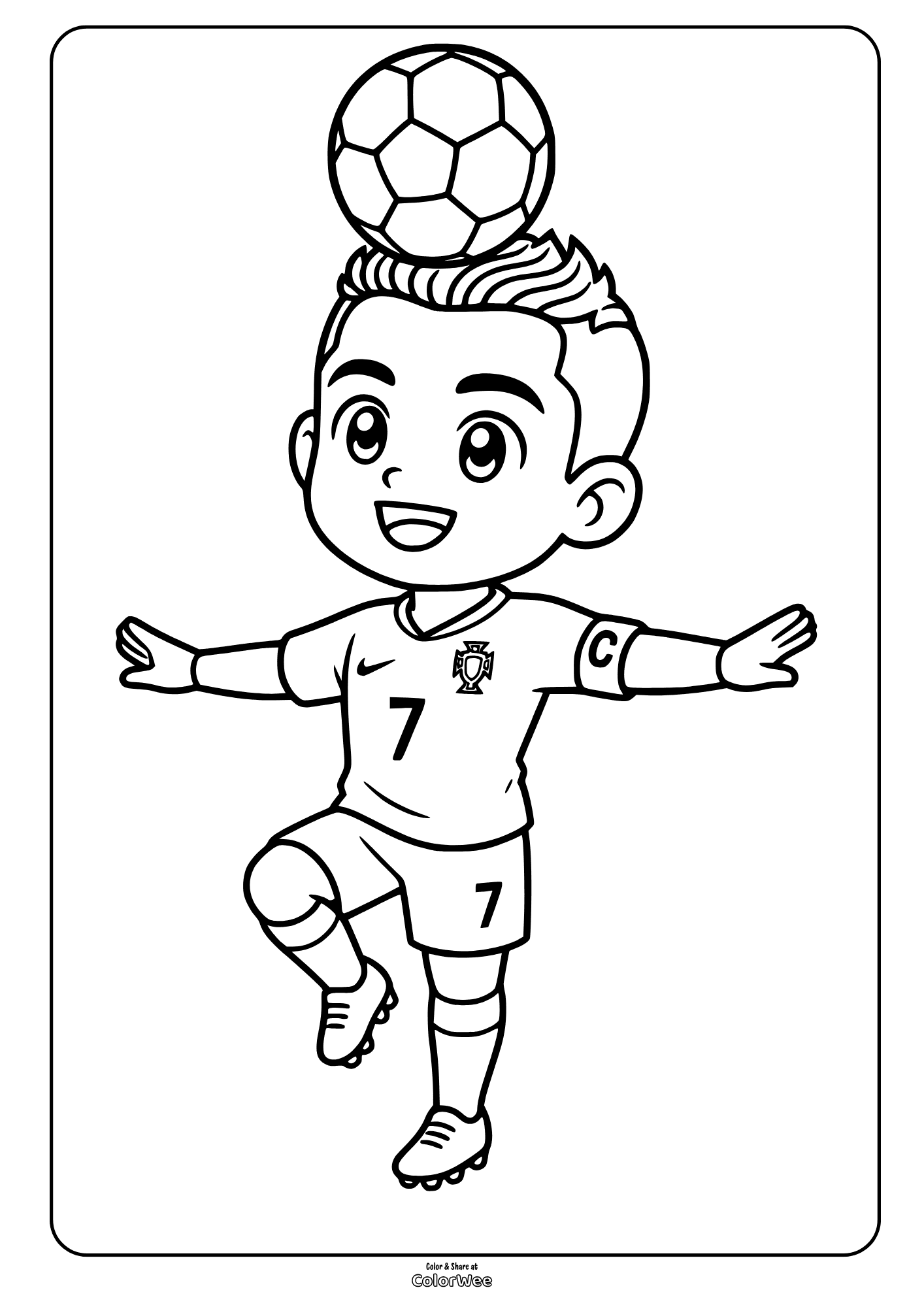 Cristiano Ronaldo coloring sheet with a soccer ball on his head