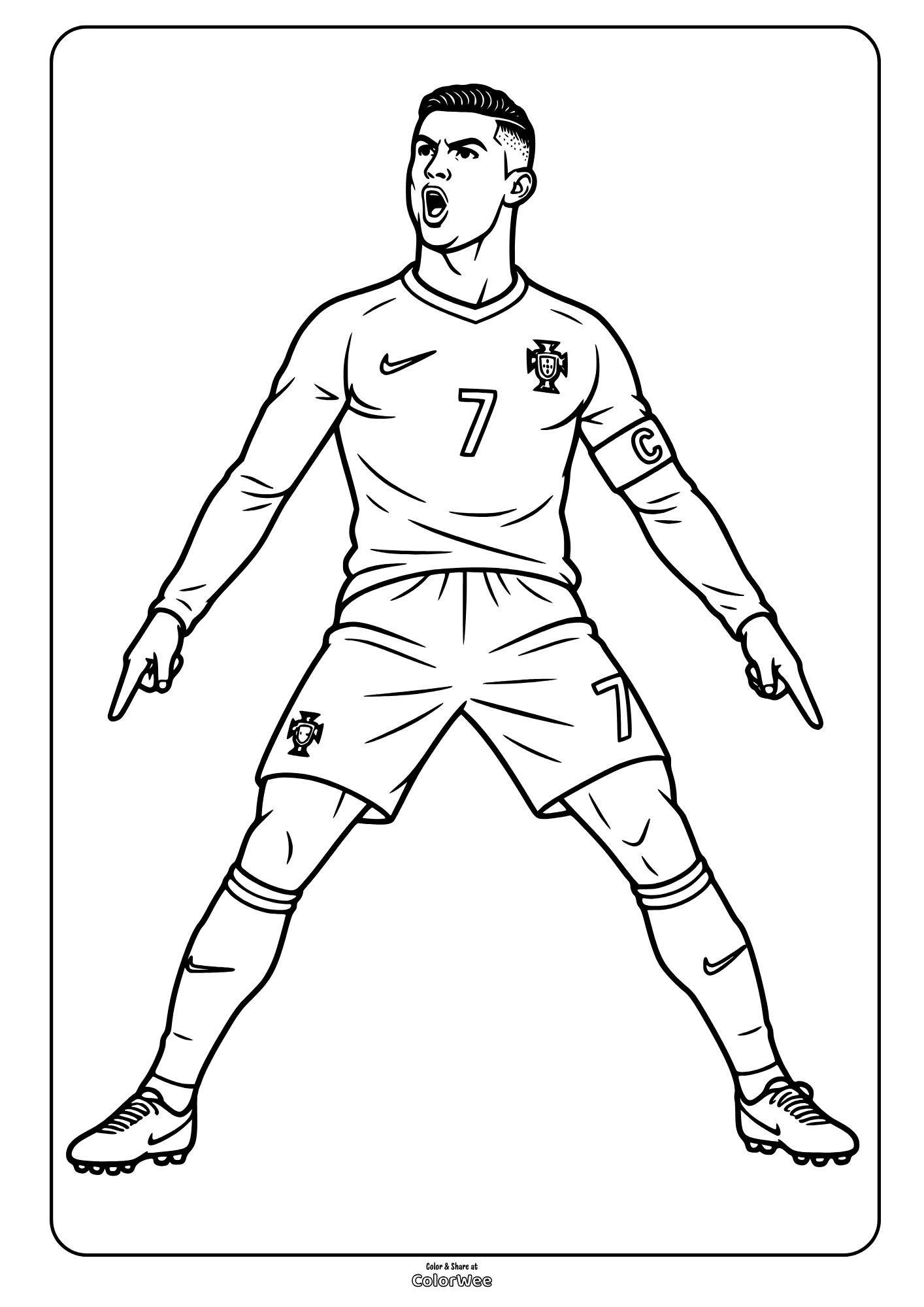 Cristiano Ronaldo Portugal soccer coloring sheet in iconic celebration pose