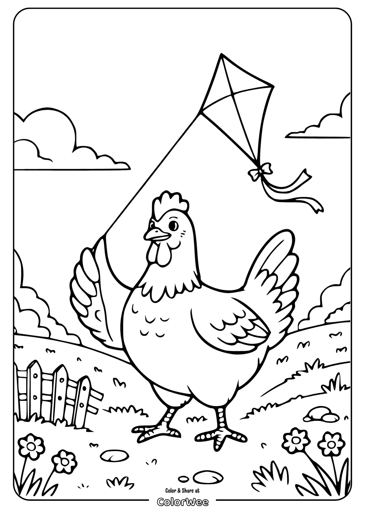 Chicken flies kite in field, coloring page.