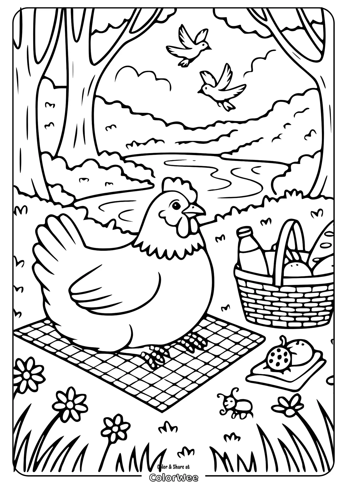 Chicken picnic coloring page in a scenic nature setting.